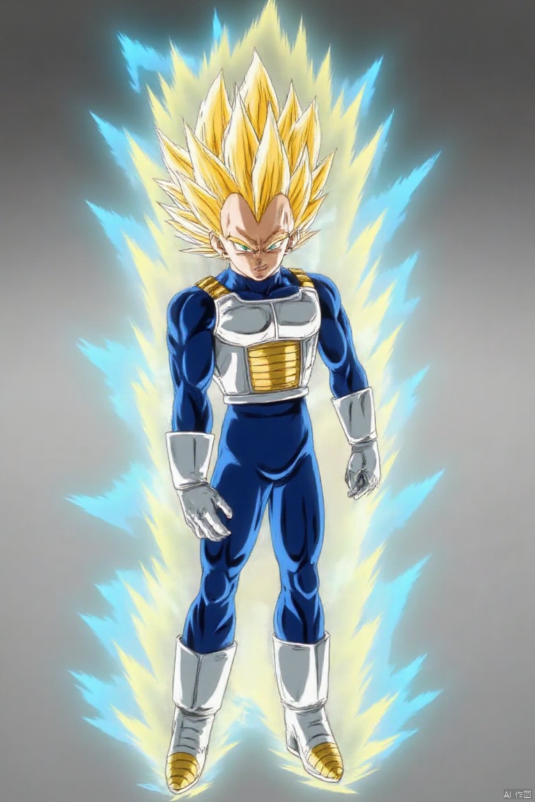 solo, blonde hair, gloves, 1boy, full body, closed eyes, male focus, boots, crossed arms, spiked hair, aura, super saiyan, saiyan armor, super saiyan 1, vegeta