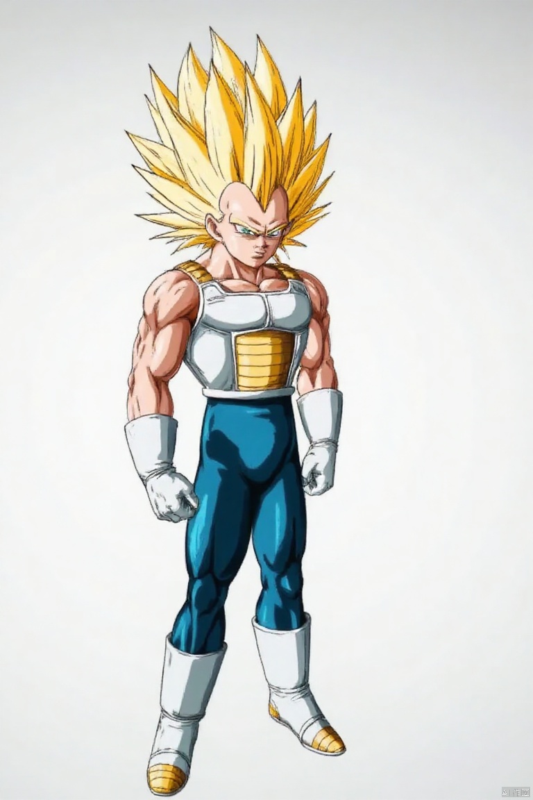 solo, blonde hair, gloves, 1boy, full body, male focus, boots, white gloves, armor, cosplay, parody, white footwear, spiked hair, super saiyan, saiyan armor, super saiyan 1, vegeta