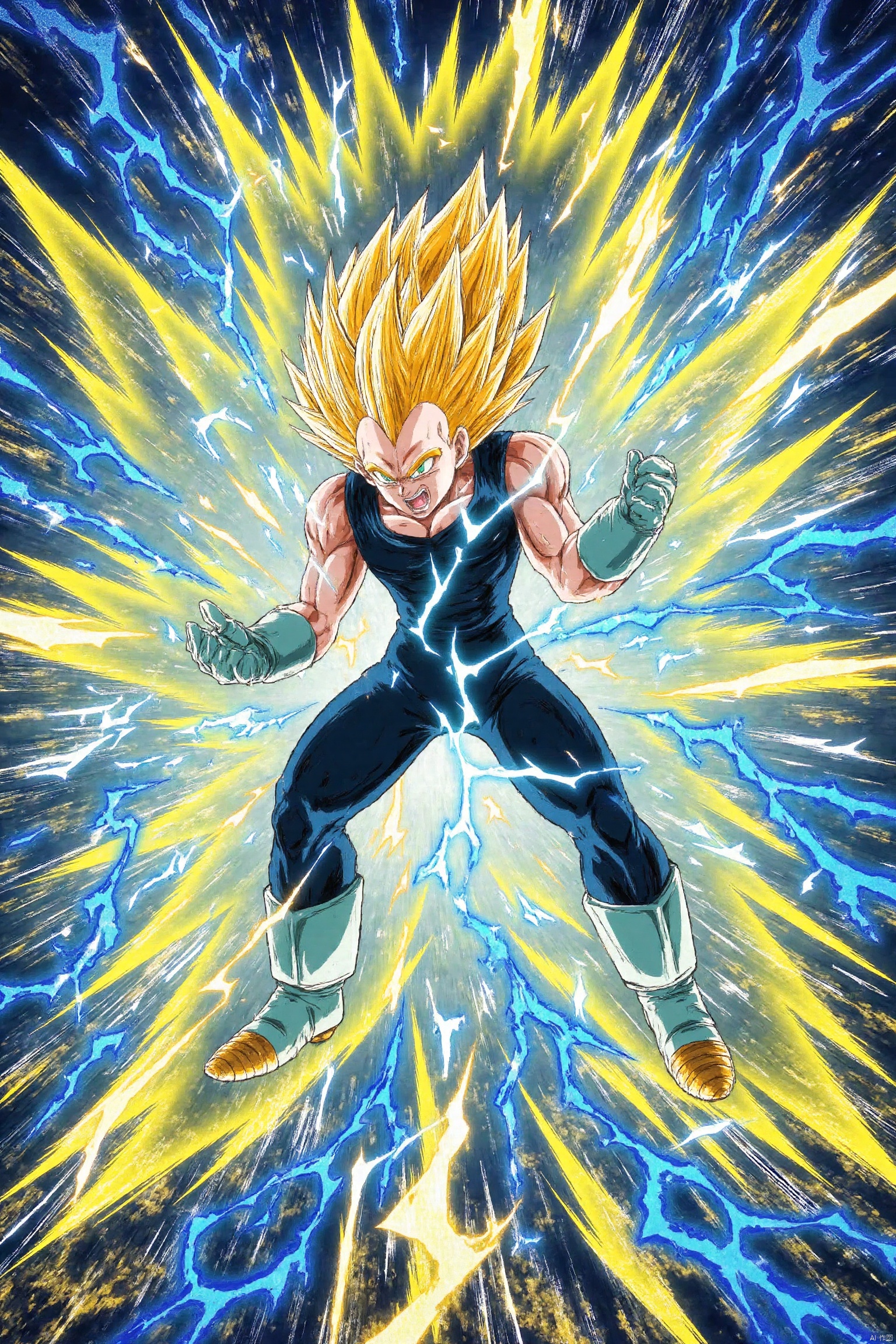 The image depicts a character in a dynamic pose, seemingly in the midst of an intense action sequence. The character has spiky blond hair and is wearing a sleeveless black top and dark pants with green accents. The character is surrounded by vibrant, electric-like energy effects in shades of blue, yellow, and white, which are radiating outward from the character's hands. The background is filled with dynamic, swirling lines and colors, enhancing the sense of motion and power. The overall scene is highly energetic and visually striking, with a focus on the character's powerful stance and the dramatic energy effects surrounding them.