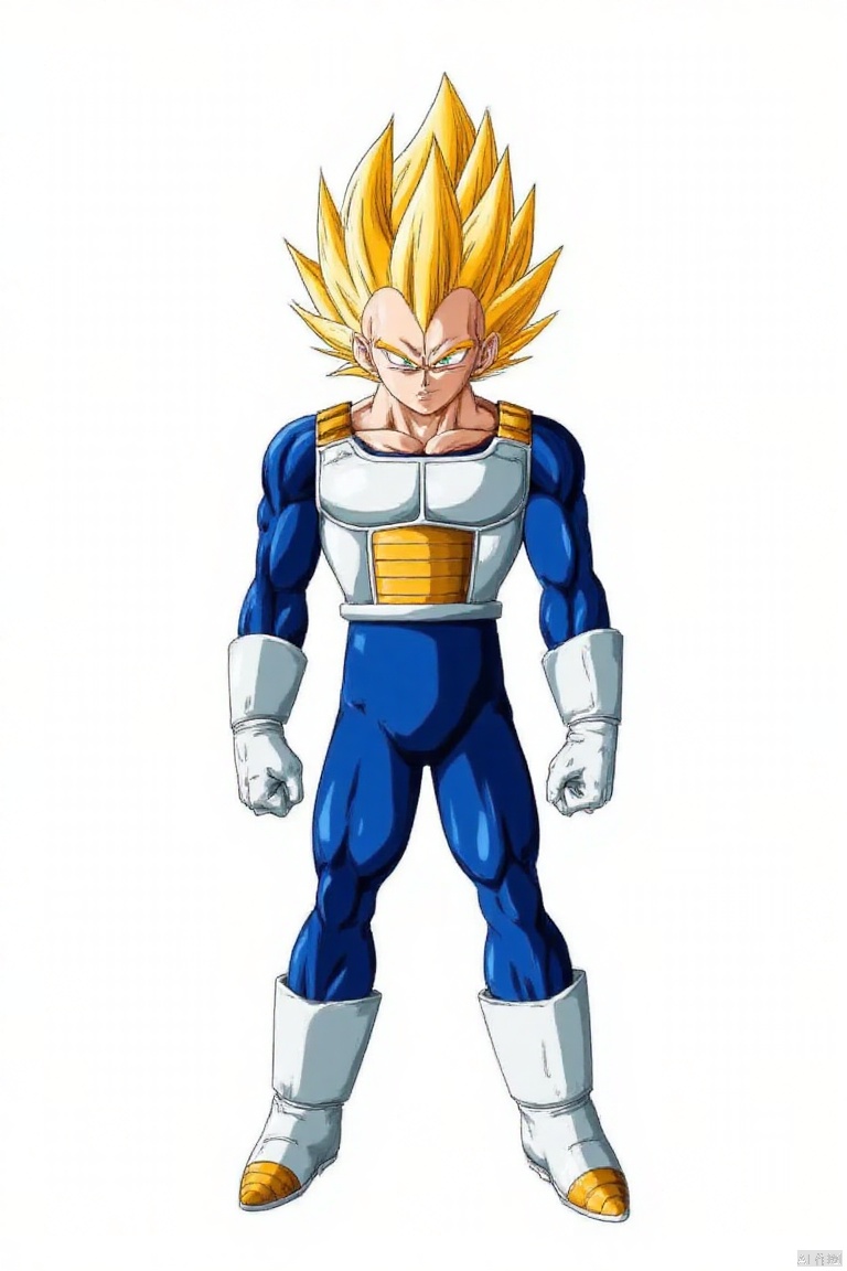 solo, blonde hair, gloves, 1boy, full body, male focus, boots, white gloves, armor, cosplay, parody, white footwear, spiked hair, super saiyan, saiyan armor, super saiyan 1, vegeta