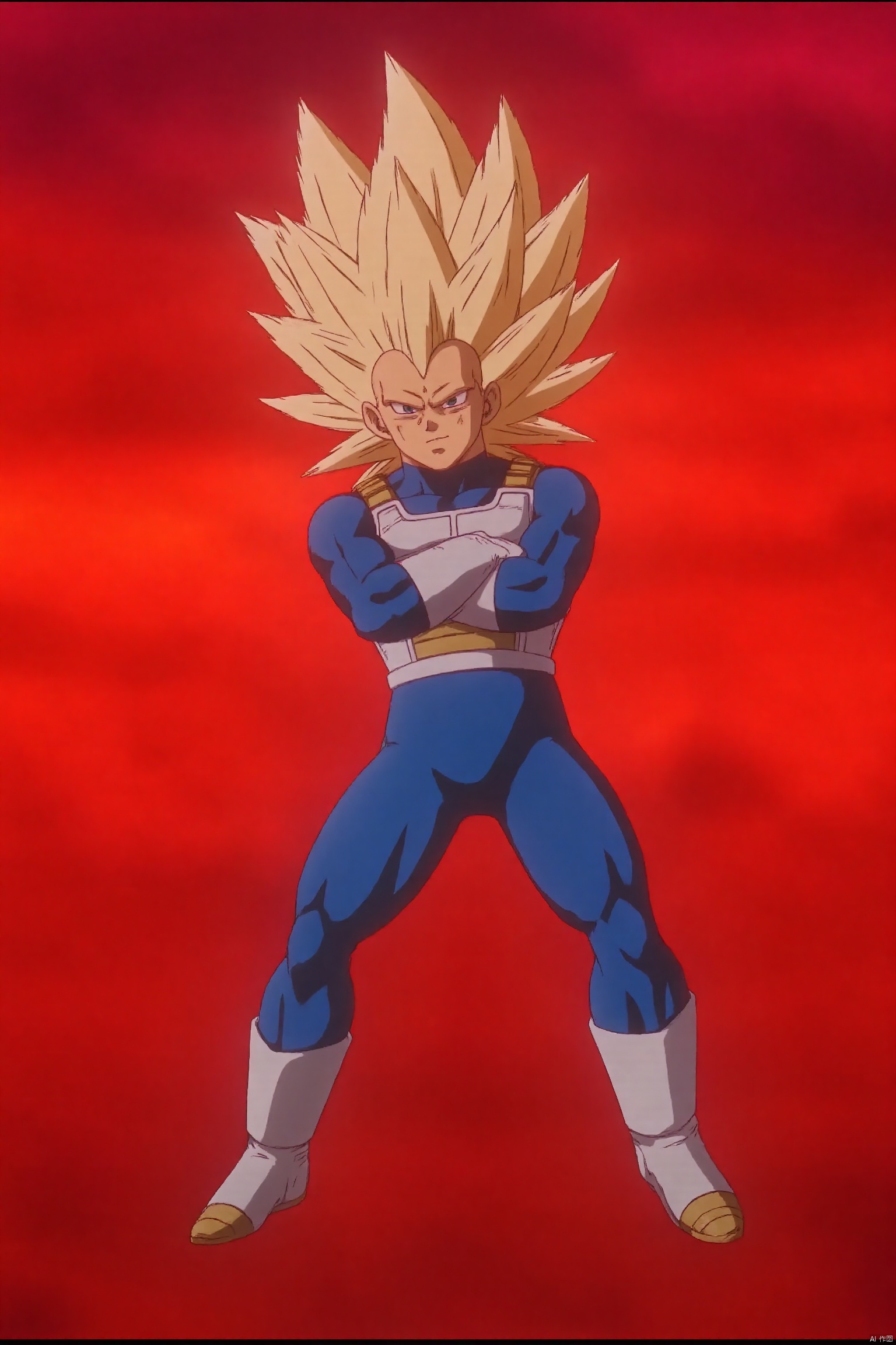 The image depicts a character with spiky blond hair, wearing a blue suit with white and gold accents, standing confidently with arms crossed. The background is a vibrant red gradient, giving a sense of intensity and energy. The character appears to be in a dynamic pose, possibly ready for action or combat.