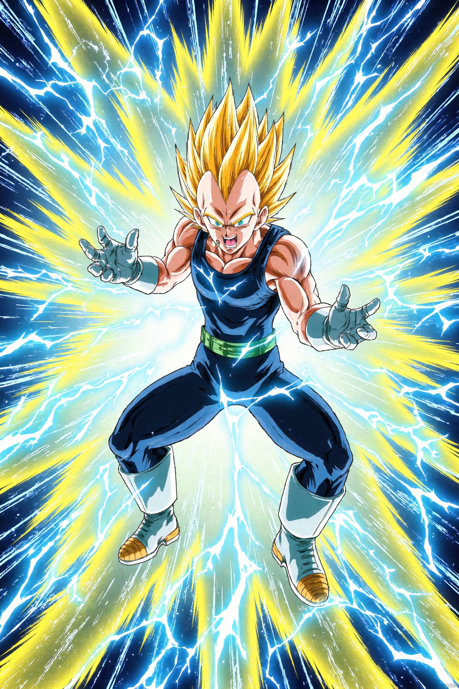 The image depicts a character in a dynamic pose, seemingly in the midst of an intense action sequence. The character has spiky blond hair and is wearing a sleeveless black top and dark pants with green accents. The character is surrounded by vibrant, electric-like energy effects in shades of blue, yellow, and white, which are radiating outward from the character's hands. The background is filled with dynamic, swirling lines and colors, enhancing the sense of motion and power. The overall scene is highly energetic and visually striking, with a focus on the character's powerful stance and the dramatic energy effects surrounding them.