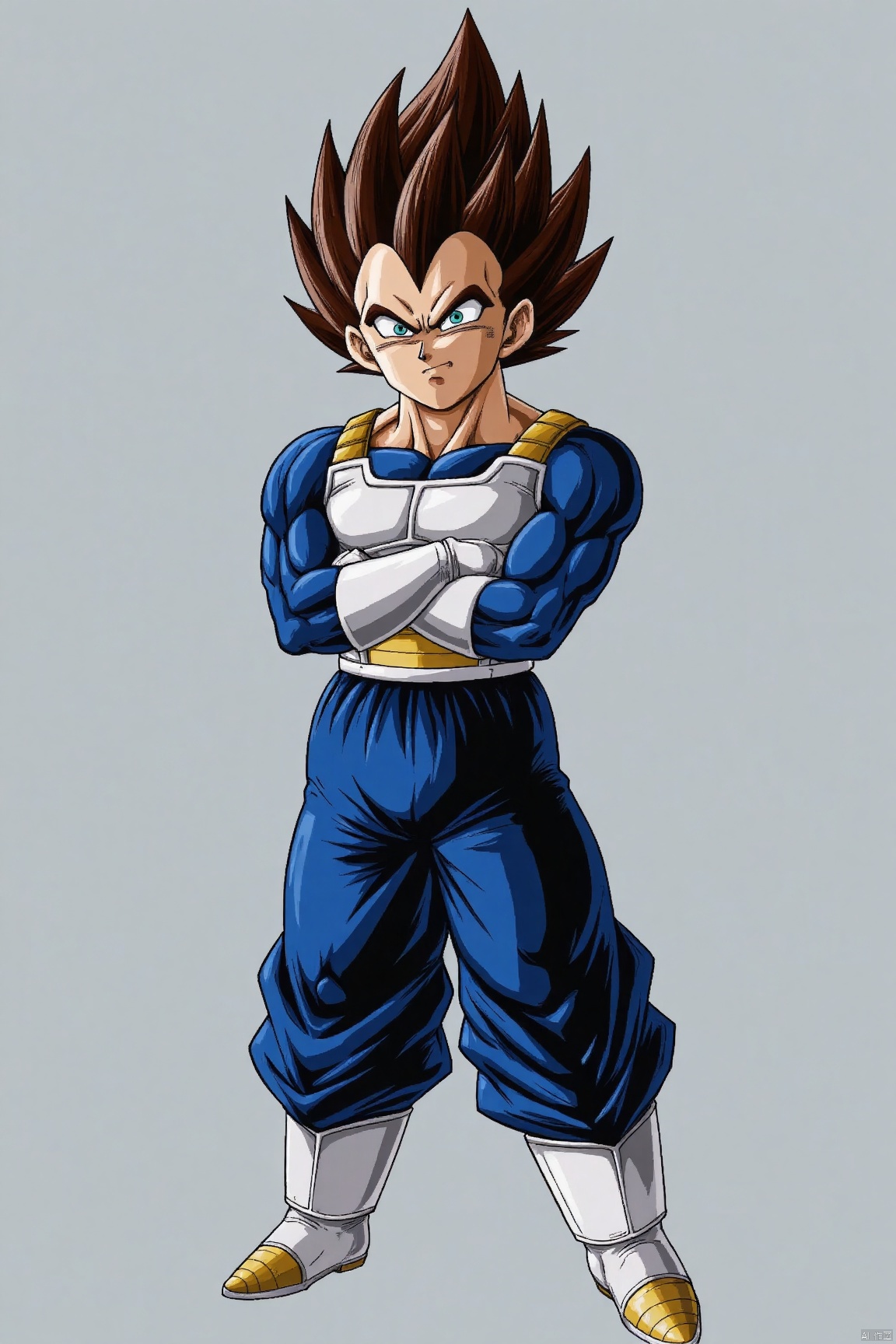 From the perspective of character creation, Vegeta's crossed arms shows his usual arrogance and confidence. His eyes were sharp, revealing his perseverance and unyielding spirit as a warrior, and he remained alert to fighting at any time even in peacetime.

In terms of the costume, the classic combat clothing retains the Saiyan style elements and incorporates some personal characteristics. The blue and black color combination is calm and combat-oriented. The geometric patterns on the pants add a sense of design. At the same time, the loose pants also facilitate him to make various difficult moves during battle.

In terms of emotional expression, Vegeta presented in this picture is relatively calm and restrained, which is different from his early irritable and impulsive image. It reflects his character growth and mood changes in the development of the story, and also implies that he The transformation from a mere combat madman to a responsible team member.

From the perspective of the influence of anime culture, Vegeta, as a popular character in "Dragon Ball", has become one of the classics in the history of anime, representing passion, struggle and growth, and inspiring countless viewers to pursue strength and self-breakthrough.