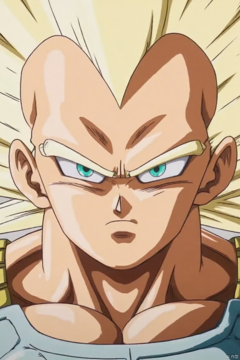 solo, blonde hair, 1boy, green eyes, upper body, male focus, armor, cosplay, frown, parody, spiked hair, serious, super saiyan, saiyan armor, super saiyan 1, vegeta