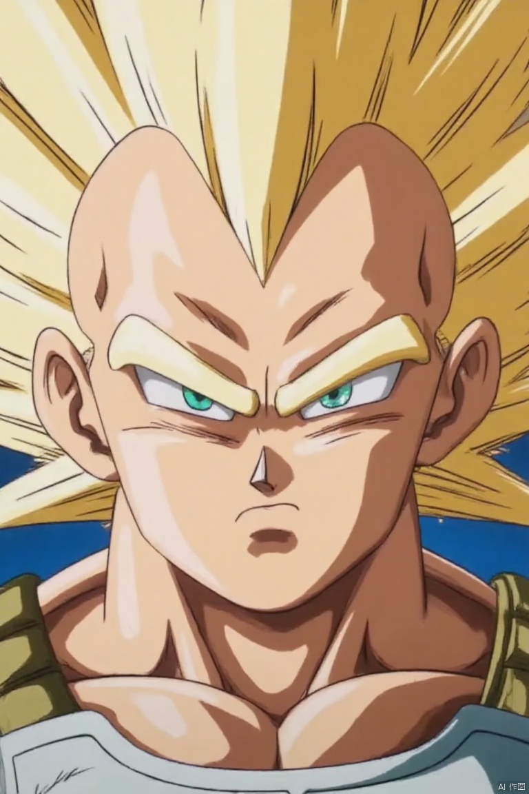 solo, blonde hair, 1boy, green eyes, upper body, male focus, armor, cosplay, frown, parody, spiked hair, serious, super saiyan, saiyan armor, super saiyan 1, vegeta