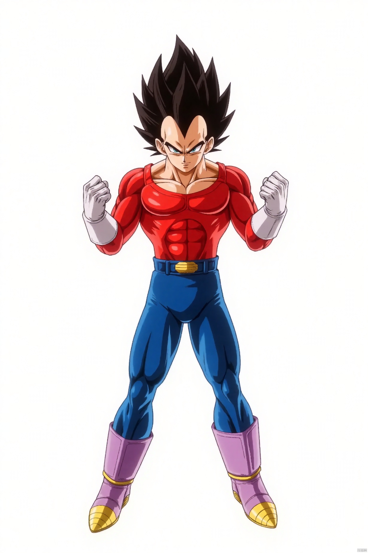 The image depicts a character with spiky black hair, wearing a red muscular shirt, blue pants, and purple boots with yellow soles. The character has a confident expression and is standing in a dynamic pose, with fists clenched and a confident stance. The background is plain white, emphasizing the character's vibrant colors and detailed design.