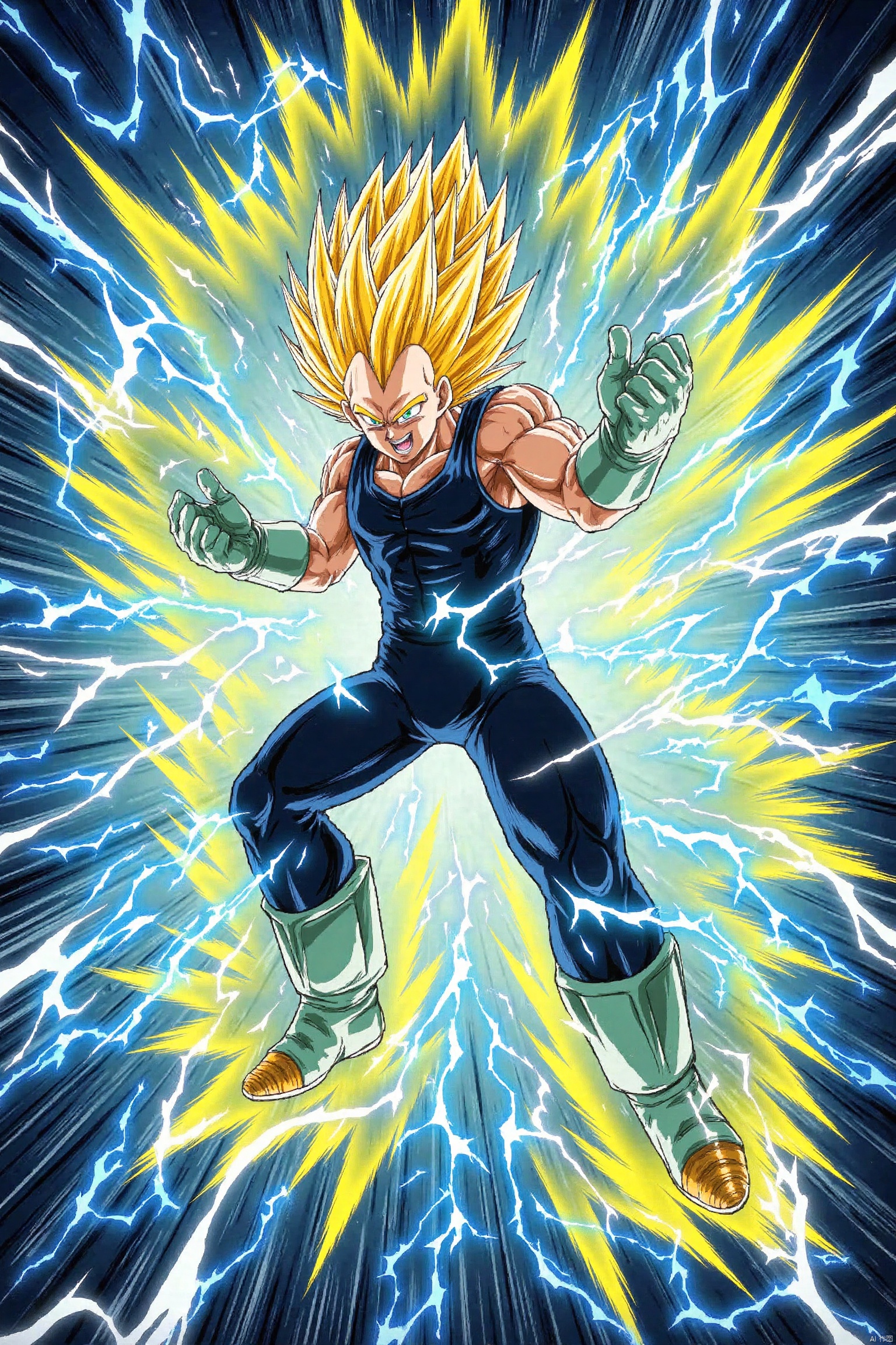 The image depicts a character in a dynamic pose, seemingly in the midst of an intense action sequence. The character has spiky blond hair and is wearing a sleeveless black top and dark pants with green accents. The character is surrounded by vibrant, electric-like energy effects in shades of blue, yellow, and white, which are radiating outward from the character's hands. The background is filled with dynamic, swirling lines and colors, enhancing the sense of motion and power. The overall scene is highly energetic and visually striking, with a focus on the character's powerful stance and the dramatic energy effects surrounding them.