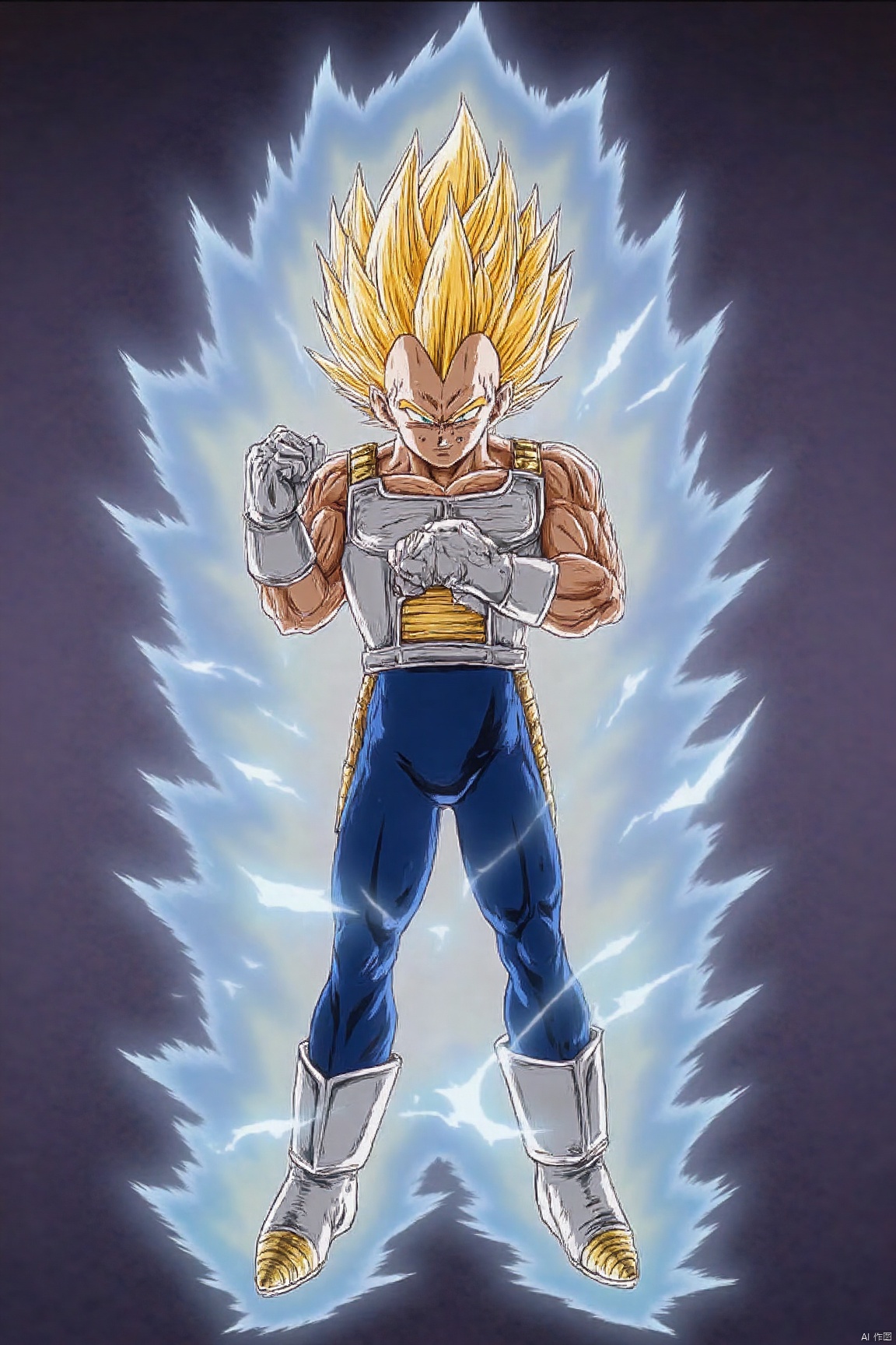solo, blonde hair, gloves, 1boy, full body, closed eyes, male focus, boots, crossed arms, spiked hair, aura, super saiyan, saiyan armor, super saiyan 1, vegeta