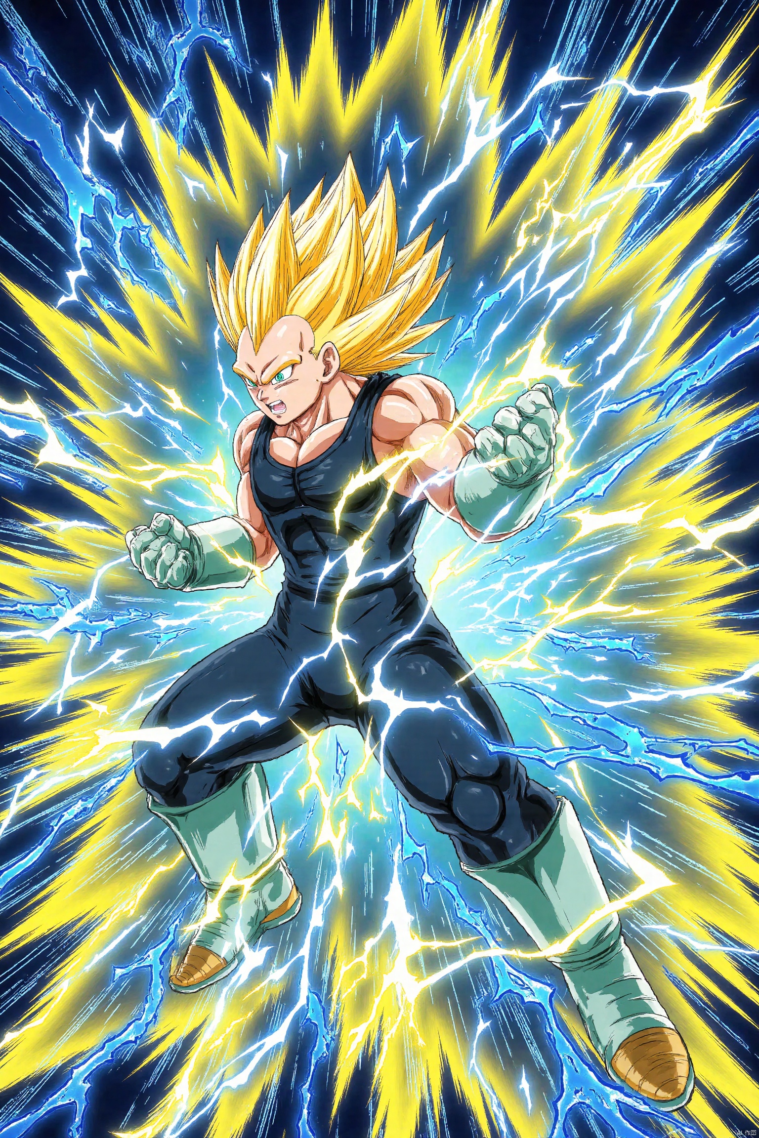The image depicts a character in a dynamic pose, seemingly in the midst of an intense action sequence. The character has spiky blond hair and is wearing a sleeveless black top and dark pants with green accents. The character is surrounded by vibrant, electric-like energy effects in shades of blue, yellow, and white, which are radiating outward from the character's hands. The background is filled with dynamic, swirling lines and colors, enhancing the sense of motion and power. The overall scene is highly energetic and visually striking, with a focus on the character's powerful stance and the dramatic energy effects surrounding them.