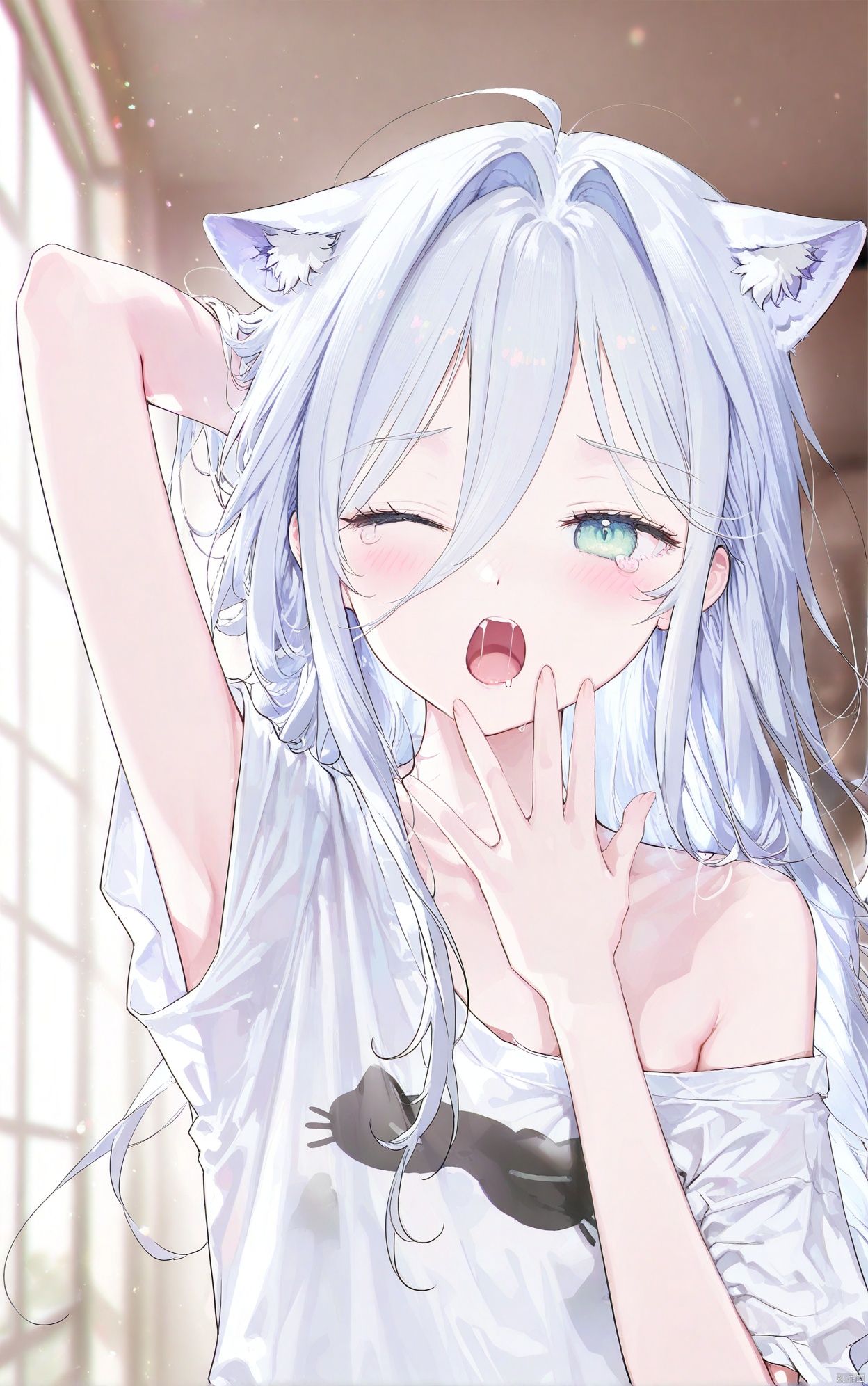 masterpiece,best quality,high quality,loli,Snow-white skin,
//,
 loli,1girl, yawning, animal ears, green eyes, solo, long hair, shirt, open mouth, animal ear fluff, ahoge, cat ears, tears, white shirt, indoors, off shoulder, blurry background, blue hair, looking at viewer, blurry, upper body, short sleeves, single bare shoulder, extra ears, arm behind head, upper teeth only, teeth, tearing up, hair between eyes, blush, arm up, saliva, depth of field, cat girl, light blue hair, window
//,
year_2023,year_2024,(artist:tokkyu:0.5),(artist:momoko \(momopoco\):0.5),(artist:ask \(askzy\):0.5),(artist:yuyumu:0.4),(artist:dsmile:0.5),(artist:atdan:0.5),(artist:mignon:0.5),(Artist:yunsang,gomzi:0.7),
//,
official art,depth of field,detailed light,blurry background,cinematic lighting,ray tracing,
ultra detailed,god rays,backlighting,photo background,film grain,chromatic aberration,volumetric lighting,depth of field,blurry background,shiny skin,floating hair,cinematic lighting,day,very aesthetic,