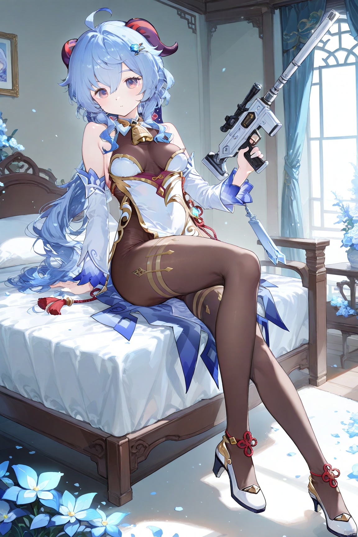 1girl, solo, long hair, breasts, looking at viewer, bangs, blue eyes, hair ornament,ganyu ,genshin impact,Armed weapons, indoors, beds, flowers, windows, full-length photos, long legs, high heels, sitting