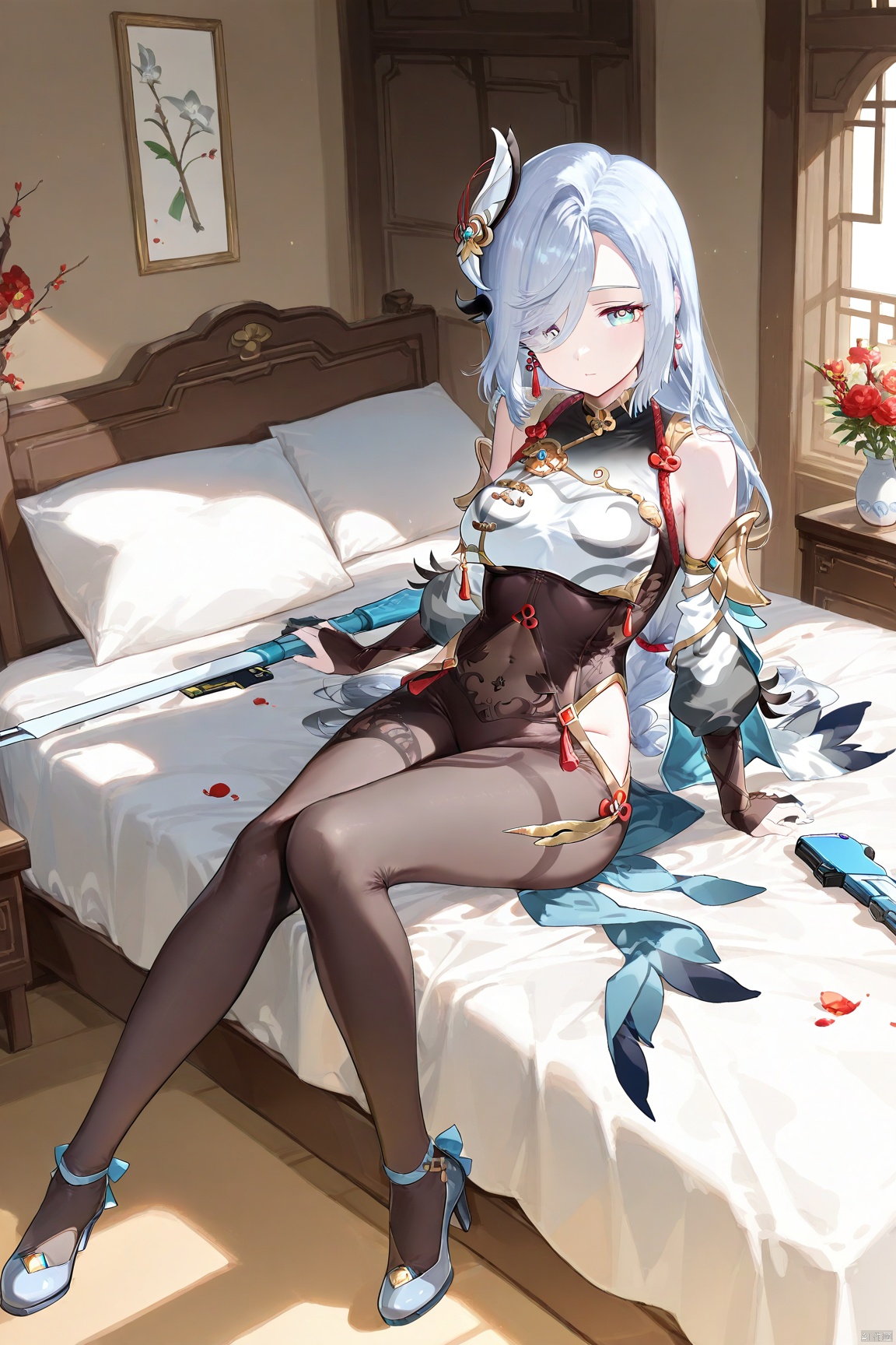 1girl, solo, long hair, breasts, looking at viewer, bangs, blue eyes, hair ornament,shenhe,genshin impact,Armed weapons, indoors, beds, flowers, windows, full-length photos, long legs, high heels, sitting