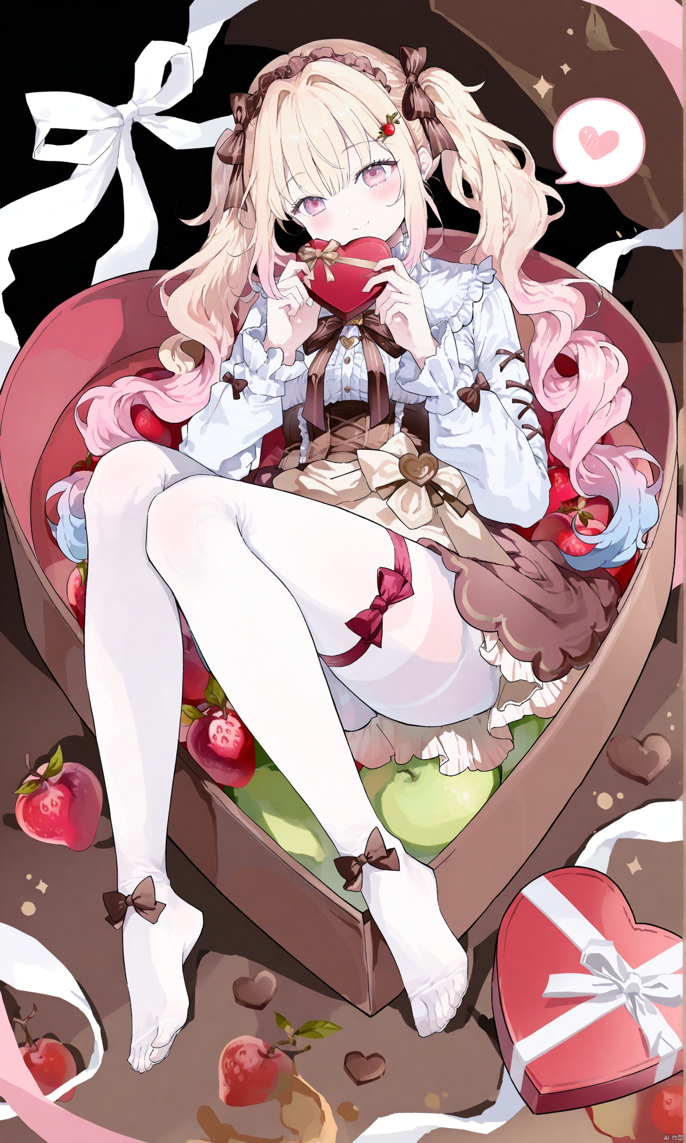 1girl, solo, long hair, looking at viewer, full body, smile, bangs, blonde hair, hair ornament, bow, ribbon, holding, twintails, pink hair, hair bow, heart, multicolored hair, hairband, food, hairclip, pink eyes, gradient hair, fruit, box, spoken heart, valentine, food-themed hair ornament, heart-shaped box,long legs,White silk pantyhose