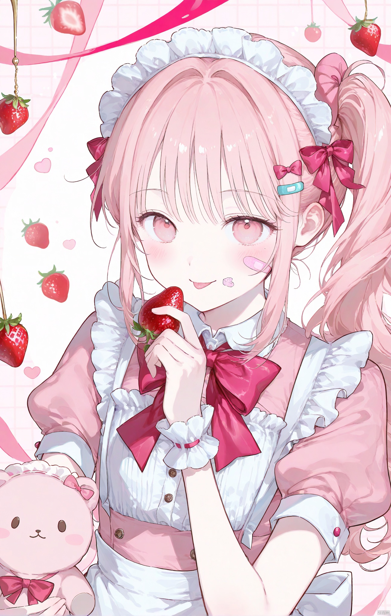 solo, long hair, looking at viewer, blush, smile, bangs, bow, ribbon, holding, upper body, pink hair, short sleeves, hair bow, sidelocks, frills, food, tongue, puffy sleeves, tongue out, pink eyes, side ponytail, puffy short sleeves, wrist cuffs, maid, maid headdress, fruit, stuffed toy, stuffed animal, holding food, pink bow, bandaid, androgynous, 1other, strawberry, bandaid on face, holding fruit, pink theme