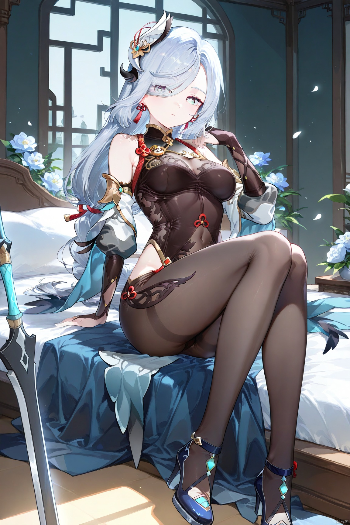1girl, solo, long hair, breasts, looking at viewer, bangs, blue eyes, hair ornament,shenhe ,genshin impact,Armed weapons, indoors, beds, flowers, windows, full-length photos, long legs, high heels, sitting