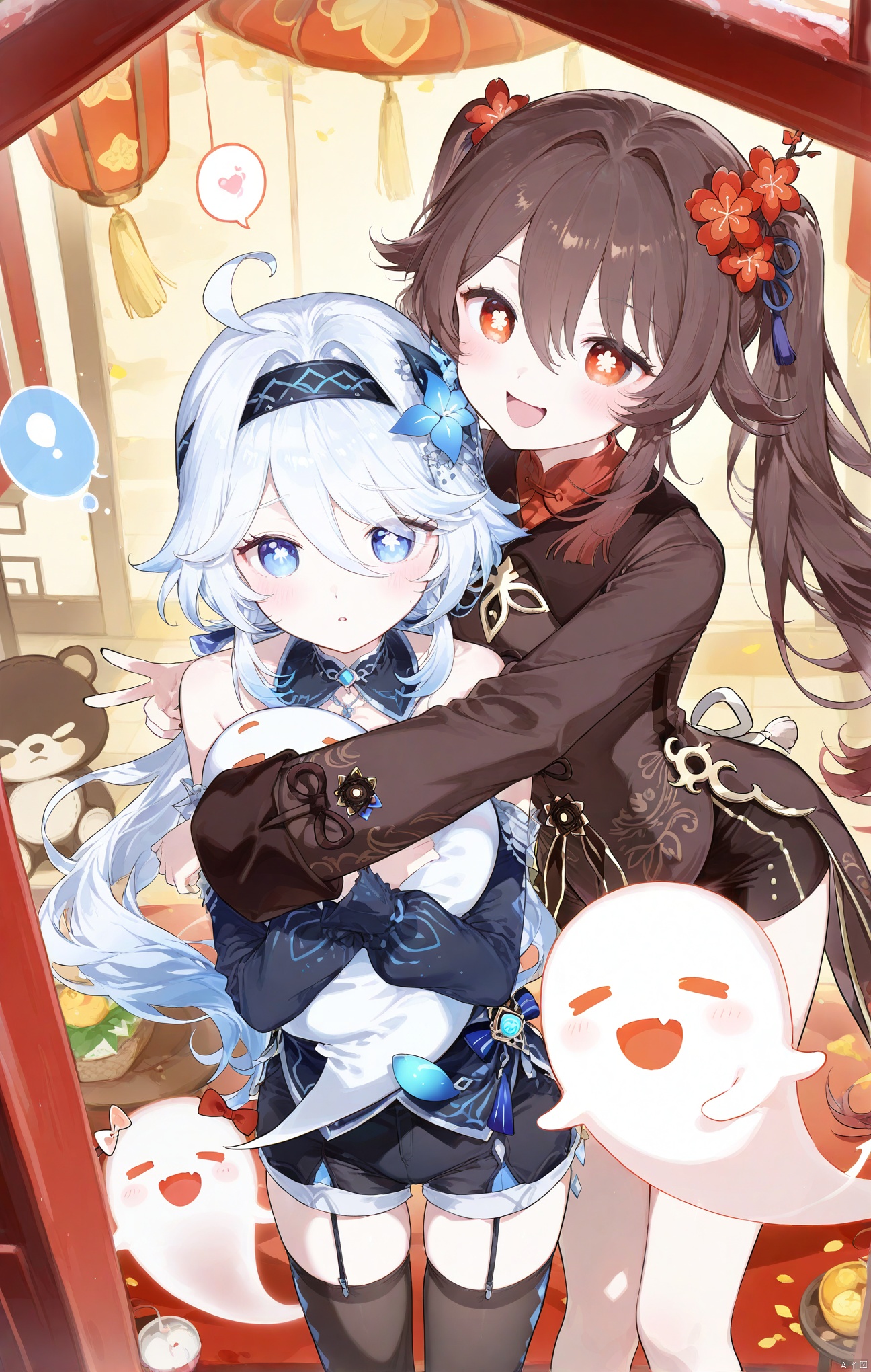 long hair, looking at viewer, blush, smile, open mouth, blue eyes, multiple girls, brown hair, hair ornament, red eyes, 2girls, twintails, flower, ahoge, white hair, hairband, shorts, fang, hair flower, symbol-shaped pupils, v, stuffed toy, ghost, object hug, flower-shaped pupils, hu tao \(genshin impact\), boo tao \(genshin impact\)