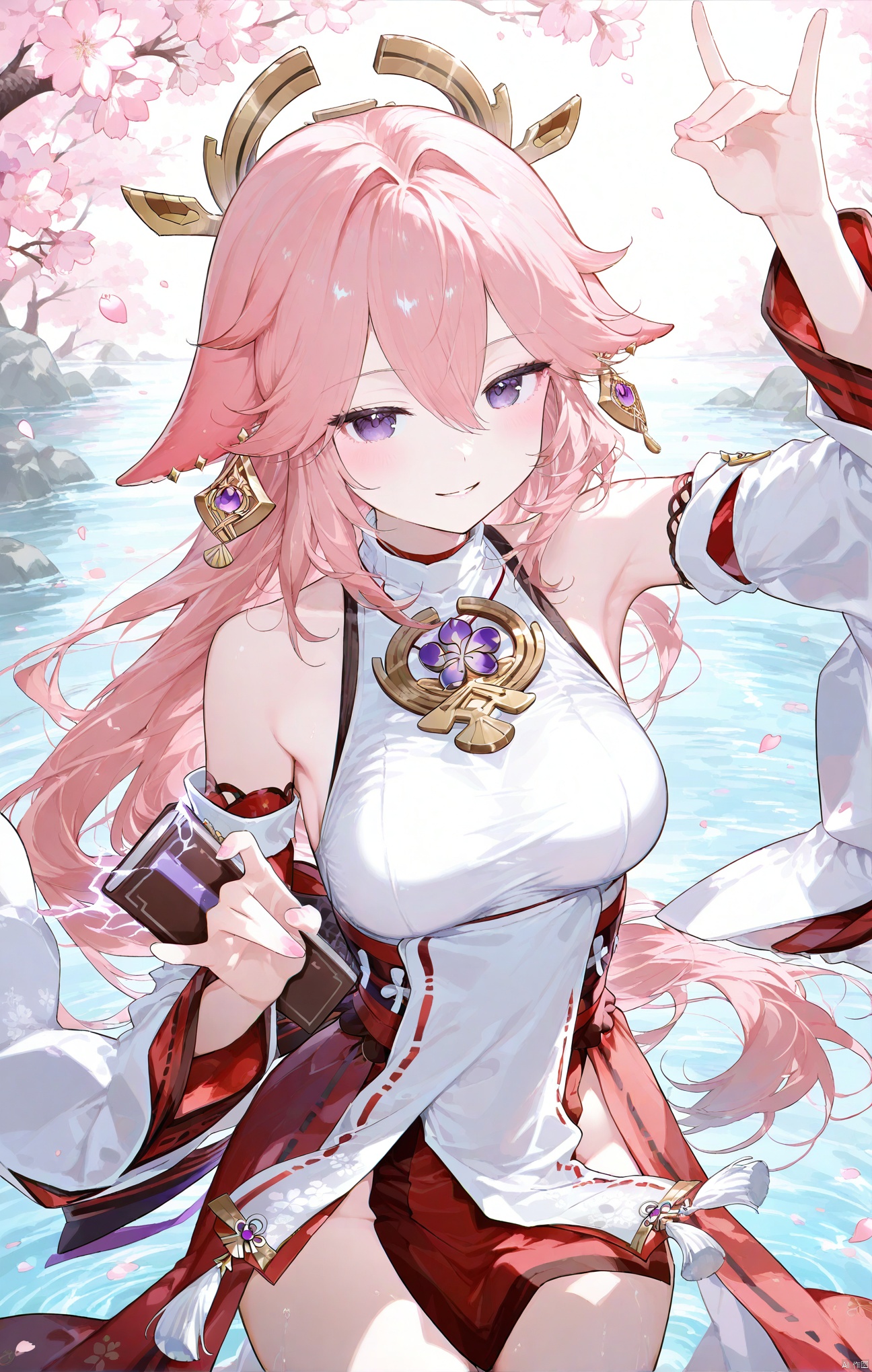 1girl, solo, long hair, breasts, looking at viewer, smile, bangs, large breasts, shirt, hair ornament, long sleeves, holding, animal ears, hair between eyes, bare shoulders, jewelry, very long hair, purple eyes, white shirt, pink hair, thighs, cowboy shot, earrings, parted lips, detached sleeves, japanese clothes, wide sleeves, water, arm up, book, petals, fox ears, sleeveless shirt, red skirt, cherry blossoms, pink nails, nontraditional miko, electricity, fox shadow puppet, yae miko