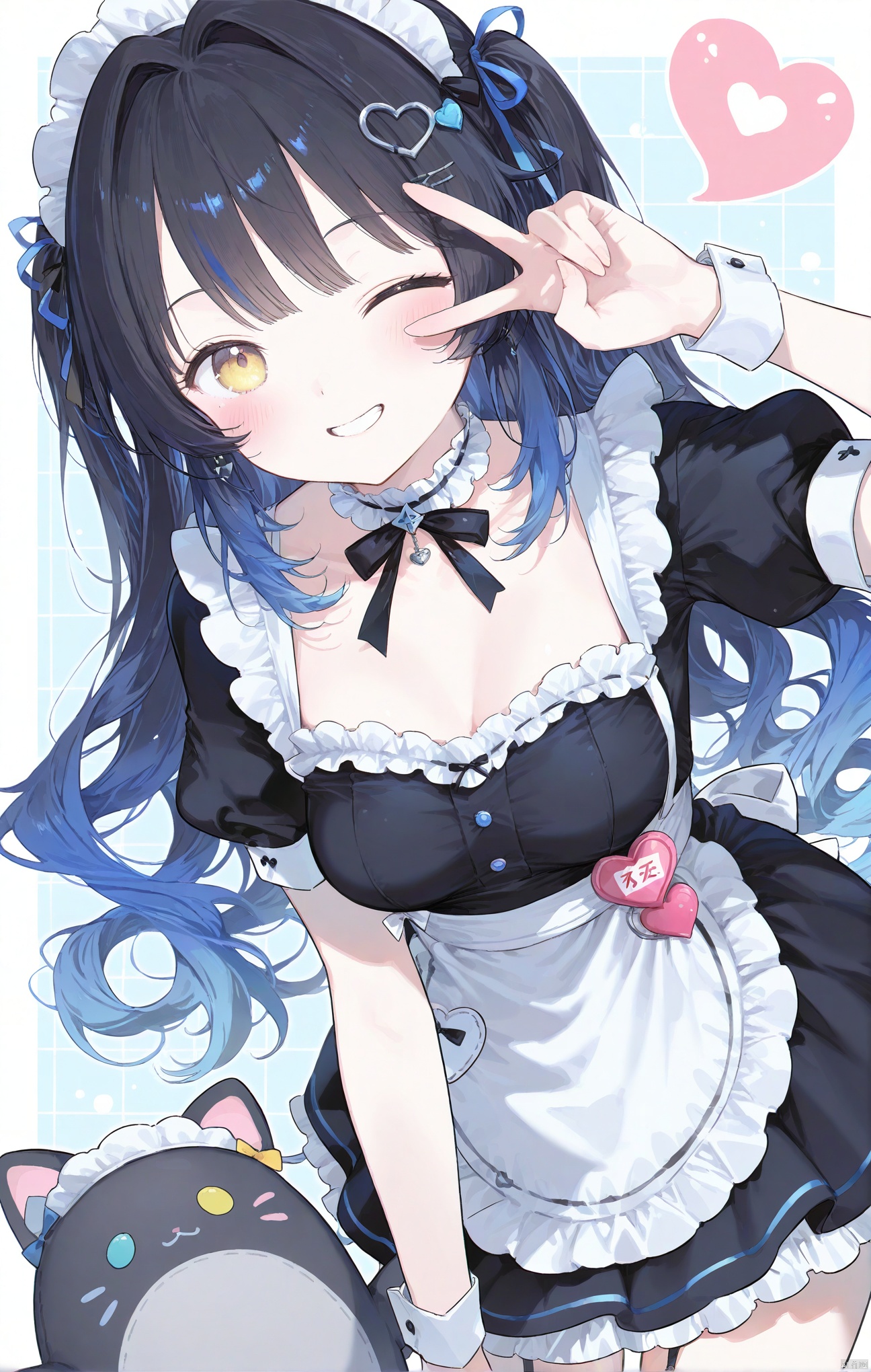 1girl, solo, long hair, breasts, looking at viewer, blush, smile, bangs, black hair, hair ornament, dress, medium breasts, blue hair, yellow eyes, short sleeves, heart, multicolored hair, frills, one eye closed, alternate costume, choker, puffy sleeves, virtual youtuber, apron, black dress, puffy short sleeves, wrist cuffs, maid, maid headdress, v, gradient hair, stuffed toy, stuffed animal, maid apron, frilled choker, v over eye