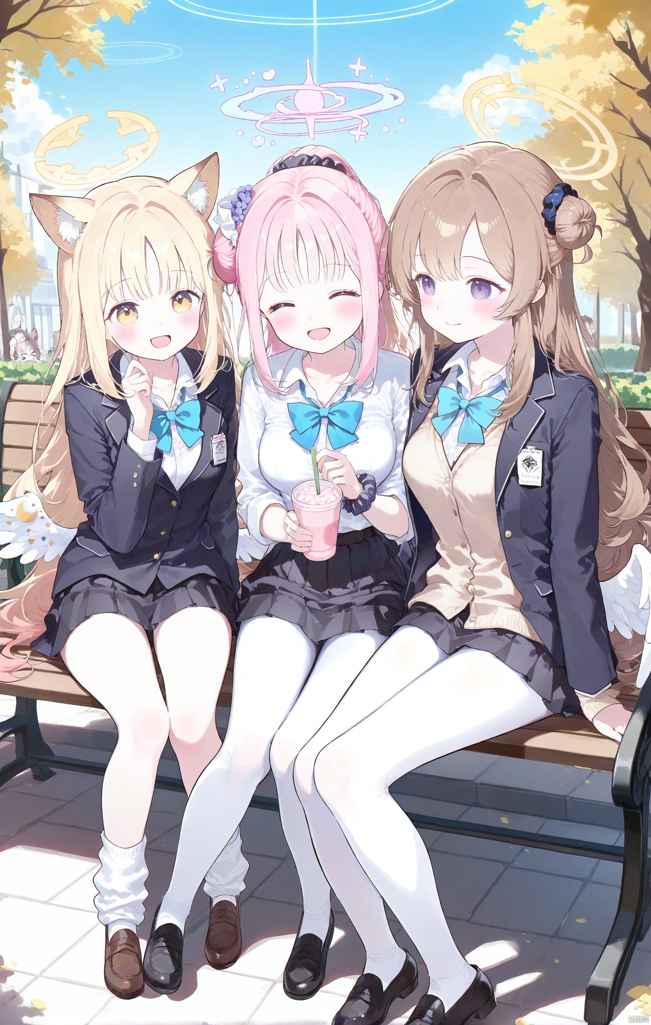 long hair, blush, smile, open mouth, bangs, multiple girls, skirt, blonde hair, brown hair, shirt, hair ornament, long sleeves, bow, holding, animal ears, sitting, very long hair, closed mouth, school uniform, purple eyes, jacket, full body, closed eyes, yellow eyes, white shirt, pink hair, flower, :d, pantyhose, sidelocks, multicolored hair, pleated skirt, frills, food, wings, necktie, shoes, socks, collared shirt, hair flower, 3girls, bowtie, black skirt, hair bun, black footwear, cup, animal ear fluff, parted bangs, fox ears, halo, blue bow, brown footwear, scrunchie, light brown hair, cardigan, > <, loafers, hair scrunchie, white pantyhose, angel wings, white wings, blue bowtie, bench, single side bun, low wings, wrist scrunchie, loose socks, on bench, mika \(blue archive\)