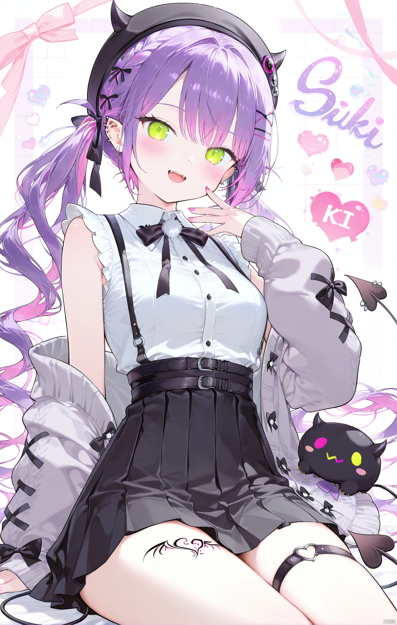1girl, solo, long hair, breasts, looking at viewer, blush, smile, open mouth, bangs, skirt, shirt, hair ornament, long sleeves, hat, bow, ribbon, twintails, jewelry, sitting, green eyes, tail, hair ribbon, white shirt, pink hair, purple hair, braid, heart, multicolored hair, cowboy shot, pleated skirt, earrings, frills, open clothes, horns, sleeveless, pointy ears, hairclip, collared shirt, belt, virtual youtuber, miniskirt, bowtie, black skirt, off shoulder, nail polish, character name, two-tone hair, streaked hair, sleeveless shirt, black headwear, black ribbon, black bow, tattoo, thigh strap, beret, wavy hair, piercing, demon girl, cardigan, suspenders, x hair ornament, ear piercing, demon tail, pom pom \(clothes\), french braid, pink nails, high-waist skirt, black belt, black bowtie, tail ornament, suspender skirt, shirt tucked in, fake horns, frilled shirt, open cardigan, leg tattoo, grey cardigan, horned headwear, jirai kei, tail piercing, tokoyami towa, bibi \(tokoyami towa\)