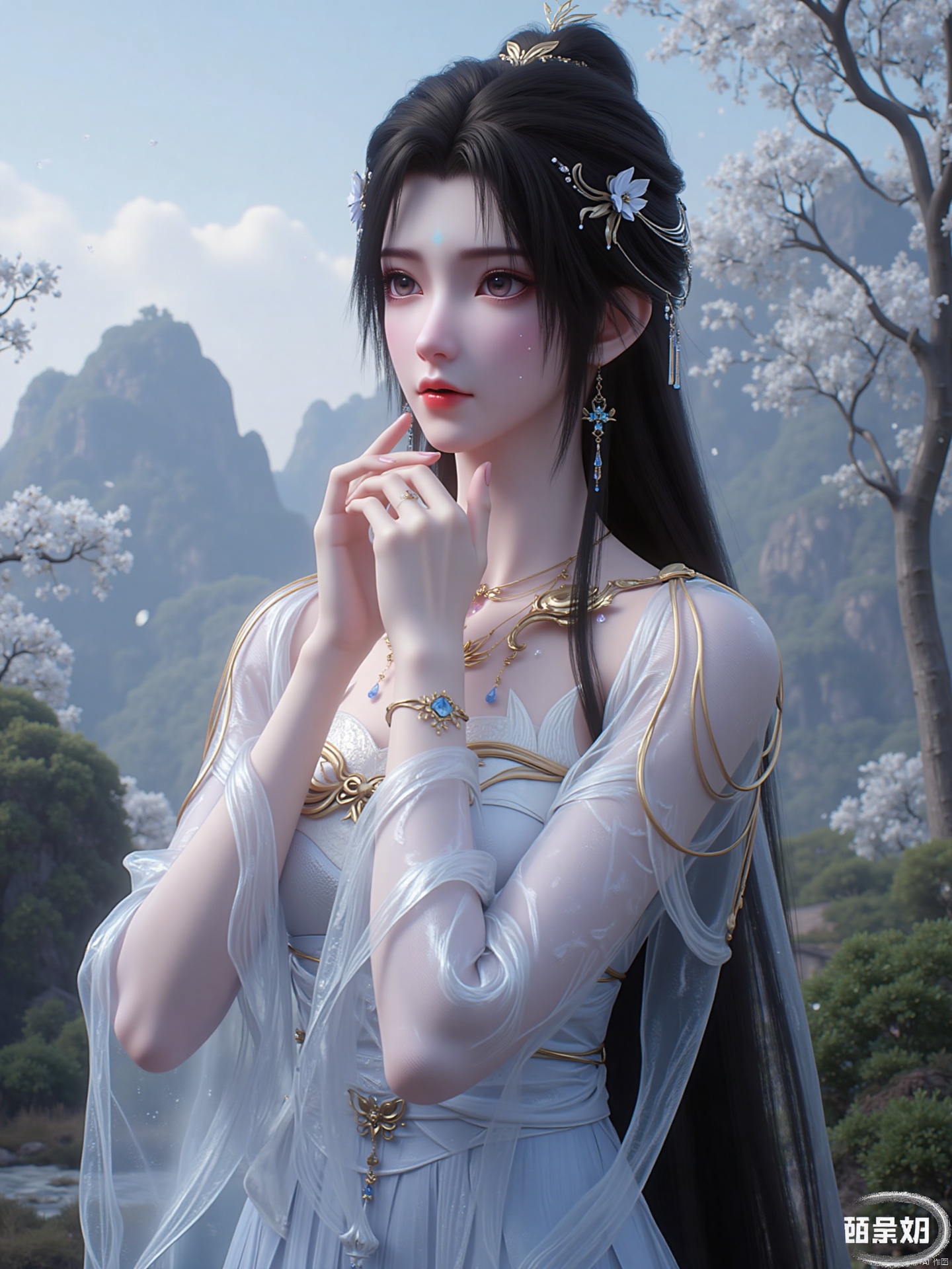 "This image depicts a digital art work with a character with long black hair adorned with intricate, delicate silver and blue accessories. The character wears an elaborate, gorgeous outfit with white and gold Designed with a butterfly-shaped pendant and a necklace with blue gemstones.
attitude
She placed her hands on her face, standing dignified and upright, showing a gentle and dignified temperament, as if containing the power of restraint.
Light and shadow
The picture adopts soft natural light, and the light sprinkles evenly from above and around, making the character's clothing texture, hair details and facial contours clearly present, and at the same time create an ethereal and quiet atmosphere.
Art style
It belongs to a super realistic digital painting style, and it depicts the facial expressions, clothing textures, decorative details, and background elements of the characters, realistically restoring the characters in a fairy world, with a shocking visual effect.
background
The background is a natural scene full of fairy tale artistic conception, with trees full of white flowers, blooming on the branches and falling in the wind. In the distance are mountains shrouded in mist, with strange shapes of rocks and vegetation covering them. The overall background creates an extraordinary, mysterious and distant atmosphere. "