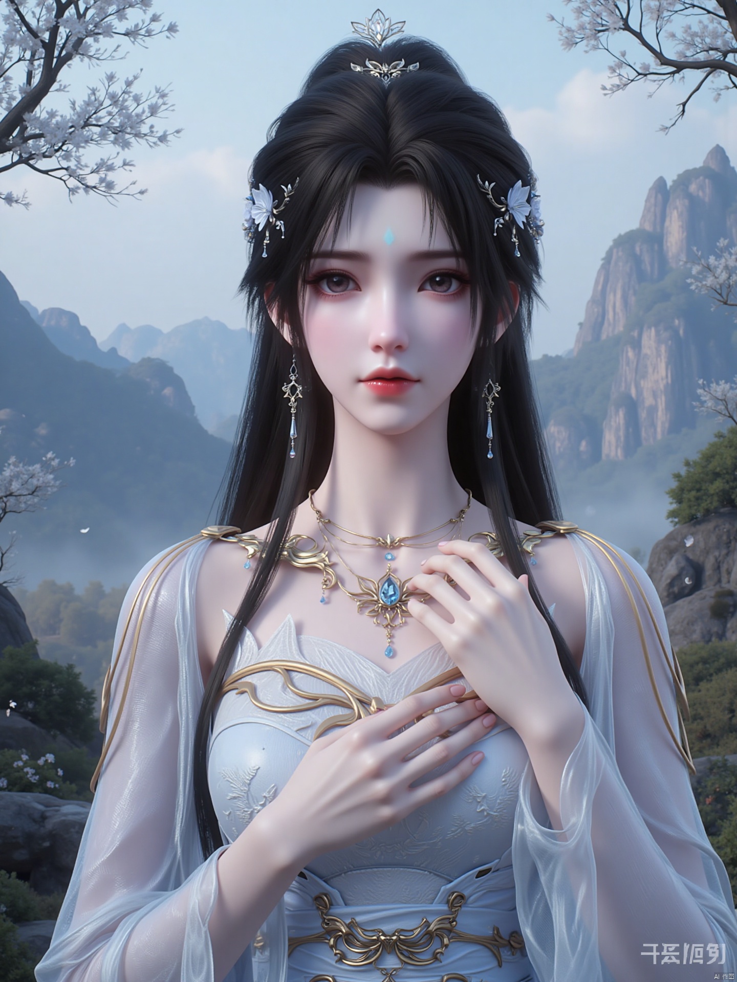 "This image depicts a digital art work with a character with long black hair adorned with intricate, delicate silver and blue accessories. The character wears an elaborate, gorgeous outfit with white and gold Designed with a butterfly-shaped pendant and a necklace with blue gemstones.
attitude
She placed her hands on her face, standing dignified and upright, showing a gentle and dignified temperament, as if containing the power of restraint.
Light and shadow
The picture adopts soft natural light, and the light sprinkles evenly from above and around, making the character's clothing texture, hair details and facial contours clearly present, and at the same time create an ethereal and quiet atmosphere.
Art style
It belongs to a super realistic digital painting style, and it depicts the facial expressions, clothing textures, decorative details, and background elements of the characters, realistically restoring the characters in a fairy world, with a shocking visual effect.
background
The background is a natural scene full of fairy tale artistic conception, with trees full of white flowers, blooming on the branches and falling in the wind. In the distance are mountains shrouded in mist, with strange shapes of rocks and vegetation covering them. The overall background creates an extraordinary, mysterious and distant atmosphere. "