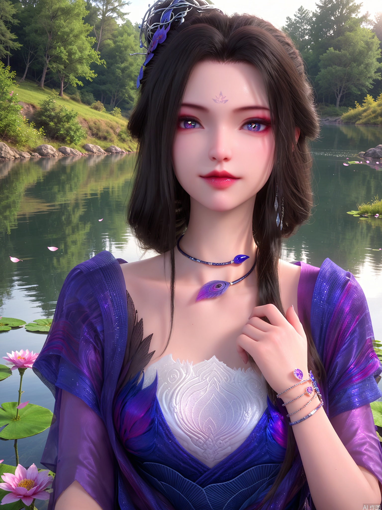 score_9,score_8_up,score_7_up,1girl,looking_at_viewer,realistic,1girl,Vivid Colors,bright environment,sunshine,god light,lake,delicate water surface,shiny skin,shiny hair,reflection,(wariza:1.2),dress,jewelry,flower sea,falling petals,extreme detail description,bright sunlight,bright_pupils,frontal lighting,(upper body:0.5),put one hand on your chest