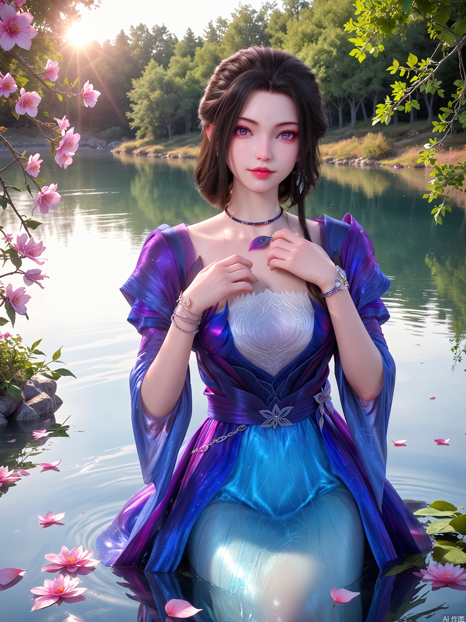 score_9,score_8_up,score_7_up,1girl,looking_at_viewer,realistic,1girl,Vivid Colors,bright environment,sunshine,god light,lake,delicate water surface,shiny skin,shiny hair,reflection,(wariza:1.2),dress,jewelry,flower sea,falling petals,extreme detail description,bright sunlight,bright_pupils,frontal lighting,(upper body:0.5),put one hand on your chest