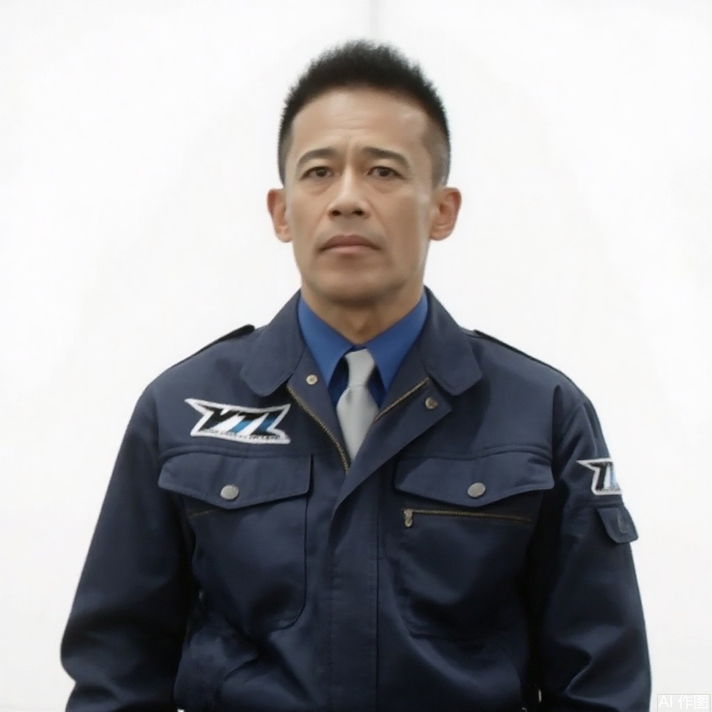 masterpiece, best quality,solo,(white background:1.2),simple background,
looking at viewer,VTL,collar,belt,logo,uniform,jacket,emblem,blue jacket,blue jacket with grey line,