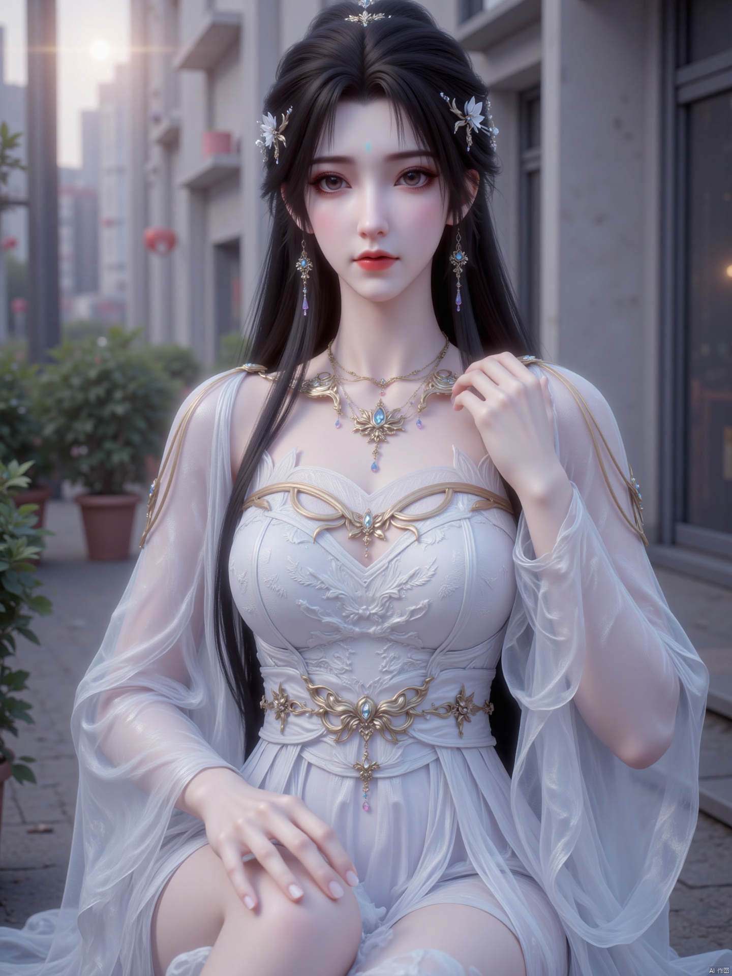 Subject: The subject is a woman with long black hair, wearing a strapless wedding dress with exquisite patterns and decorations, paired with veils, necklaces, earrings and arm decorations of the same style. The overall shape is gorgeous and full of dreaminess.
Pose: She is sitting, with one hand on her legs and the other hand on her side, showing an elegant and dignified temperament.
Light and shadow: It uses soft light, like the effect of sunset light, forming a natural transition of light and dark on the characters, enhancing the three-dimensional sense, and also making the details on wedding dresses and accessories more dazzling in light and shadow.
Art style: It belongs to the digital painting style, presented in a highly realistic way. Whether it is the facial details of the characters, hair, or the materials and textures of the wedding dress, they are portrayed in a very realistic manner and have a strong visual impact.
Background: The background is a blurry outdoor scene with the outlines of buildings and green plants. The blurred background highlights the main character, creating an atmosphere where the characters are in a realistic and dreamy atmosphere.