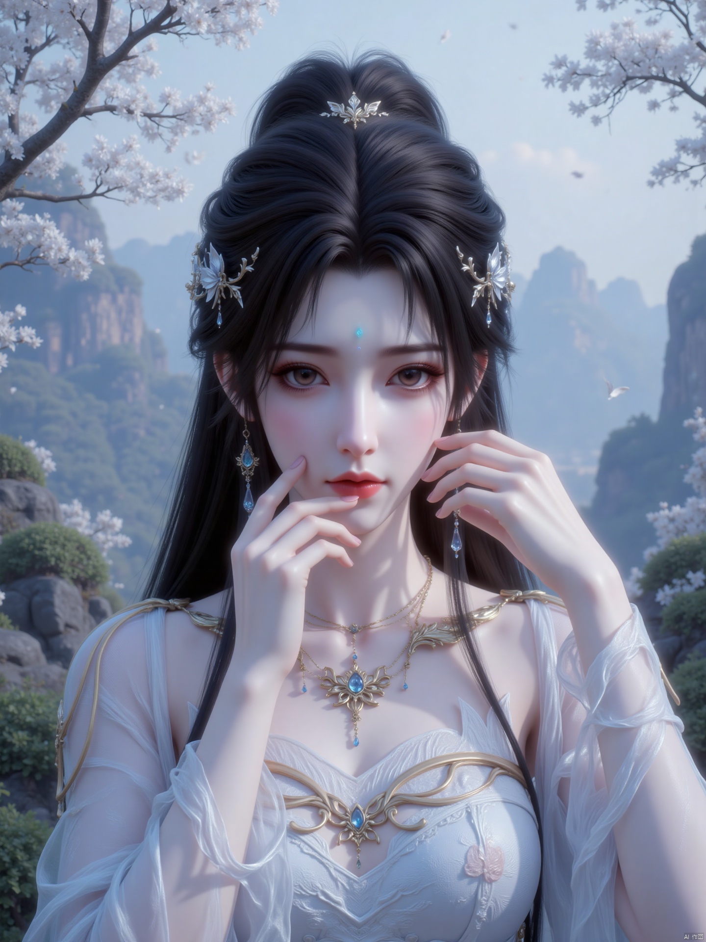 "This image depicts a digital art work with a character with long black hair adorned with intricate, delicate silver and blue accessories. The character wears an elaborate, gorgeous outfit with white and gold Designed with a butterfly-shaped pendant and a necklace with blue gemstones.
attitude
She placed her hands on her face, standing dignified and upright, showing a gentle and dignified temperament, as if containing the power of restraint.
Light and shadow
The picture adopts soft natural light, and the light sprinkles evenly from above and around, making the character's clothing texture, hair details and facial contours clearly present, and at the same time create an ethereal and quiet atmosphere.
Art style
It belongs to a super realistic digital painting style, and it depicts the facial expressions, clothing textures, decorative details, and background elements of the characters, realistically restoring the characters in a fairy world, with a shocking visual effect.
background
The background is a natural scene full of fairy tale artistic conception, with trees full of white flowers, blooming on the branches and falling in the wind. In the distance are mountains shrouded in mist, with strange shapes of rocks and vegetation covering them. The overall background creates an extraordinary, mysterious and distant atmosphere. "