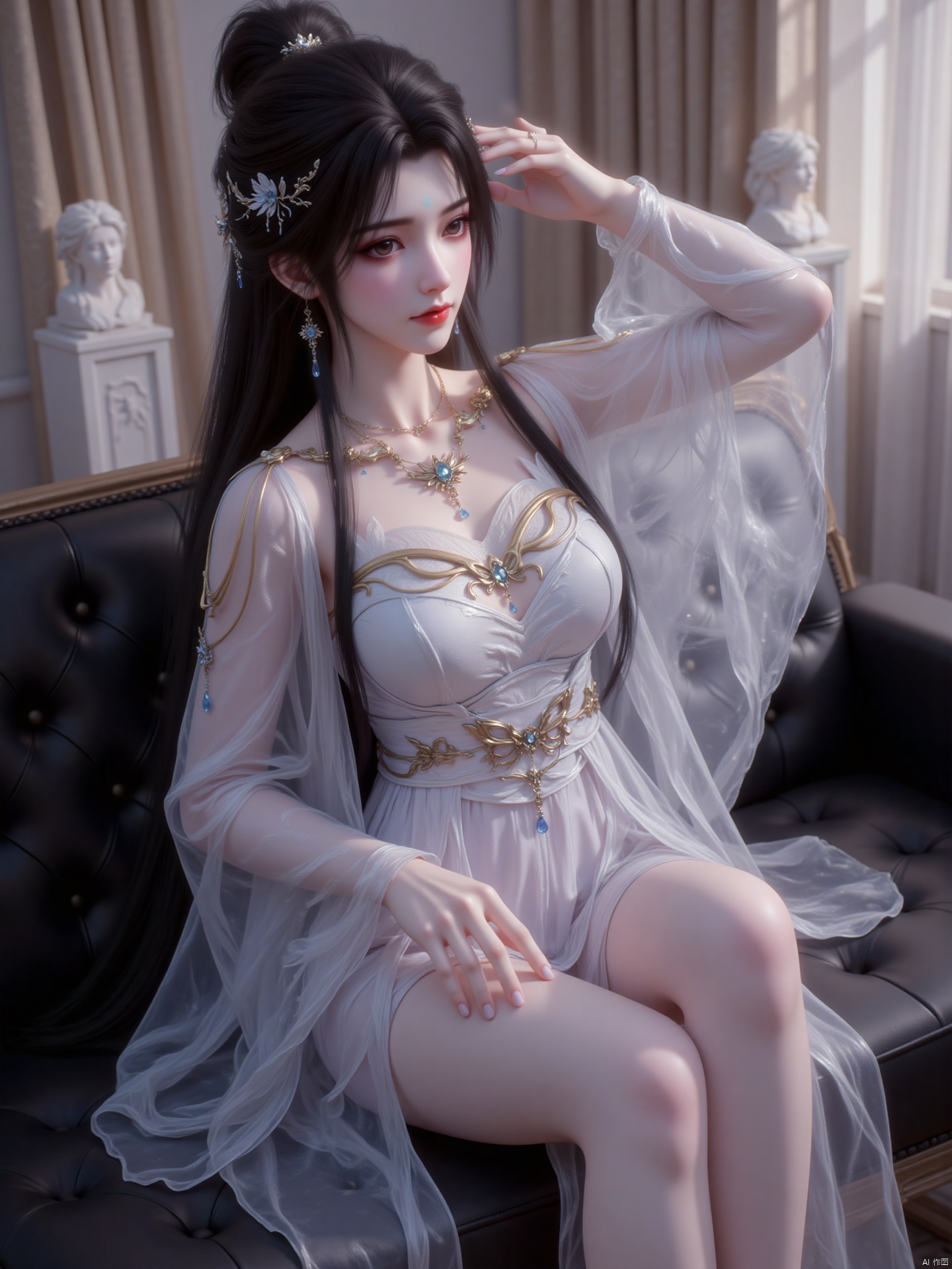 "This image depicts a digital art work with a character with long black hair adorned with intricate, delicate silver and blue accessories. The character wears an elaborate, gorgeous outfit with white and gold Designed with a butterfly-shaped pendant and a necklace with blue gemstones.
attitude
She sat lazily on the black sofa, with one hand on her head and the other on her legs, leaning back slightly, looking at the camera, revealing a charming and casual temperament.
Light and shadow
The light is soft, mainly for warm indoor light, which is illuminated from the sides and above to illuminate the main body of the character, forming a natural shadow on the body, highlighting the facial contour and the texture of the clothes, creating a warm and comfortable atmosphere.
Art style
It belongs to a realistic style, and the facial details, hair, clothing textures, etc. of the characters are delicately portrayed. The texture is excellent, the color combination is harmonious, the picture is real and vivid, giving people a sense of reality in life scenes.
background
The background is an indoor scene, with beige curtains and white sculptures. The overall environment is simple and artistic, setting off the image of the characters and making the picture richer. "