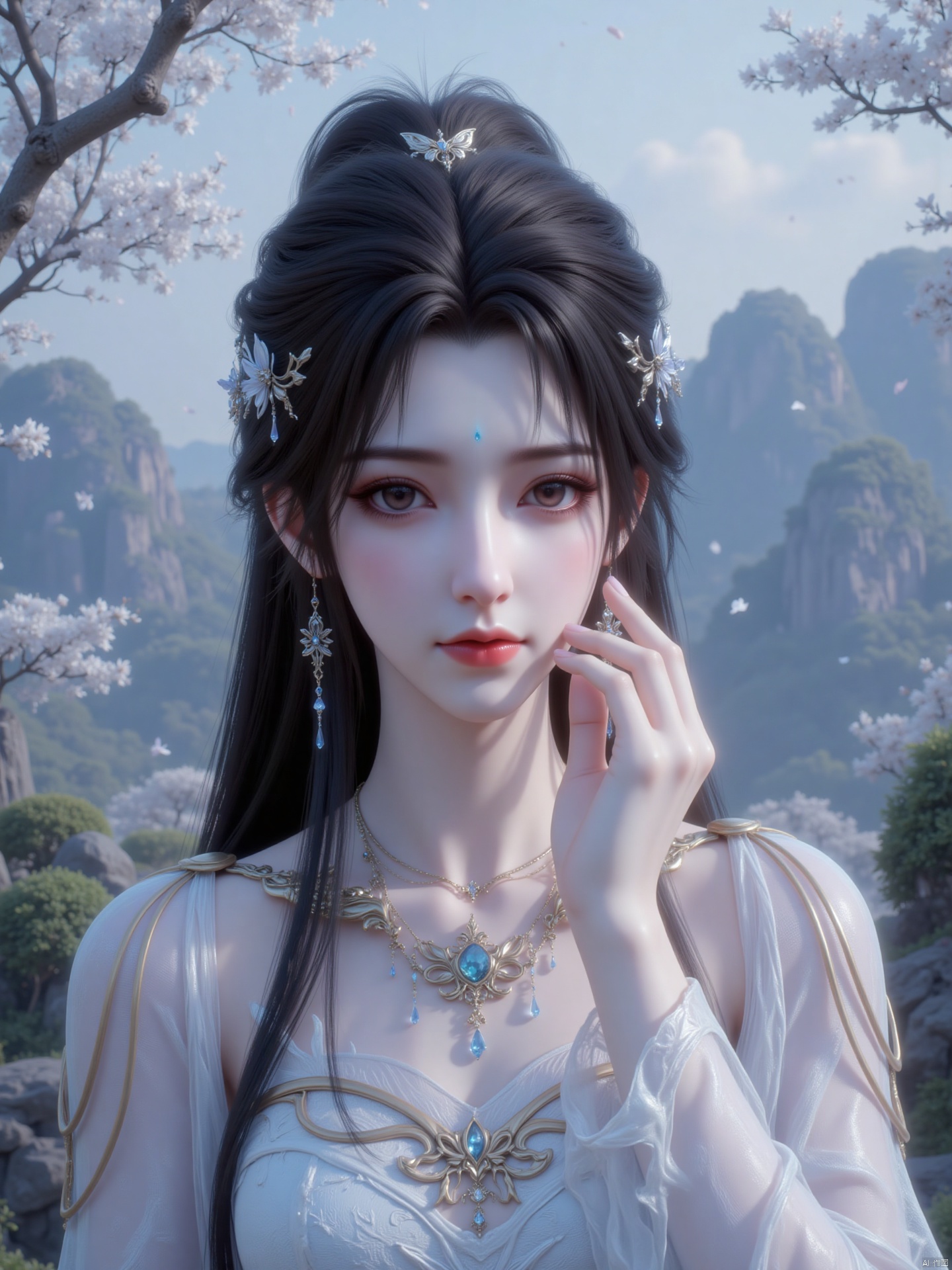"The image depicts a close-up of a woman's face, the character with long dark hair adorned with intricate, delicate silver and blue accessories. The character wears an elaborate, gorgeous outfit with white and golden design, with a butterfly-shaped pendant and a necklace with blue gemstones.
attitude
She placed her hands on her face, standing dignified and upright, showing a gentle and dignified temperament, as if containing the power of restraint.
Light and shadow
The picture adopts soft natural light, and the light sprinkles evenly from above and around, making the character's clothing texture, hair details and facial contours clearly present, and at the same time create an ethereal and quiet atmosphere.
Art style
It belongs to a super realistic digital painting style, and it depicts the facial expressions, clothing textures, decorative details, and background elements of the characters, realistically restoring the characters in a fairy world, with a shocking visual effect.
background
The background is a natural scene full of fairy tale artistic conception, with trees full of white flowers, blooming on the branches and falling in the wind. In the distance are mountains shrouded in mist, with strange shapes of rocks and vegetation covering them. The overall background creates an extraordinary, mysterious and distant atmosphere.

"