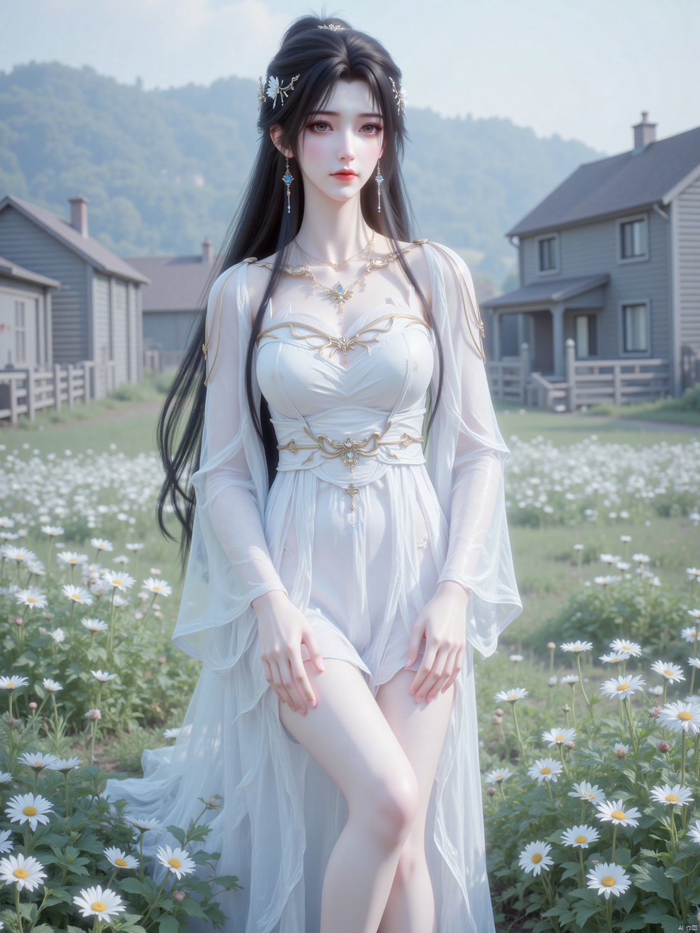 This is a woman full of fresh pastoral atmosphere. She had long, soft black hair, which was naturally spread on her shoulders, with a few small white flowers pinned between her hair. The light green eyes are clear and bright, and the makeup is fresh and natural. Wearing a white dress, lace-edged collar and cuffs, the skirt is light and flowing. She stood barefoot in a field full of daisies, ((((normal down with hands))), and behind her were quaint wooden houses and fences. Her artistic style was more like pastoral watercolor style, giving people a tranquil and natural feeling.