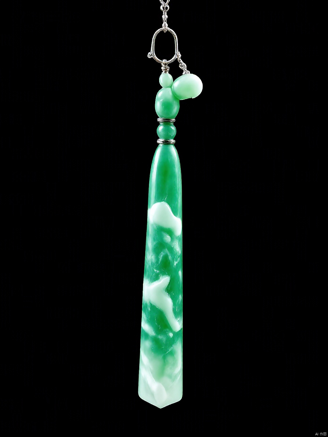 YSCZ, A jade tassel, swaying gently with a soft and mesmerizing glow, dances in the stillness of a black space.
