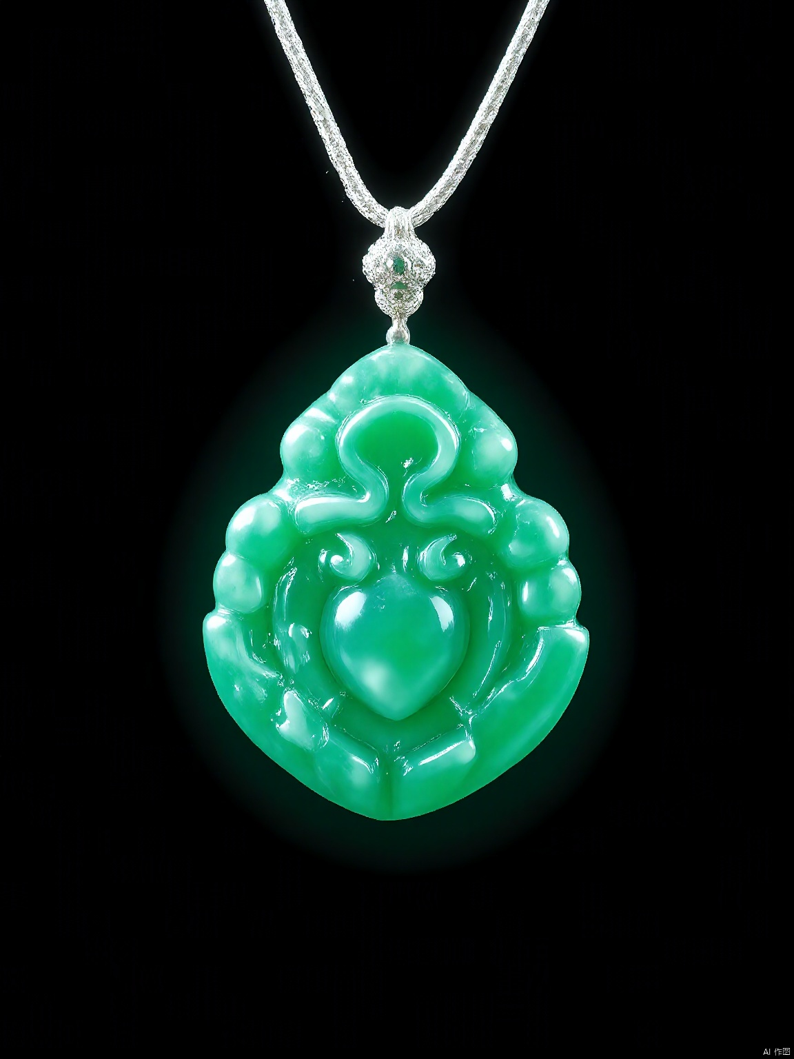 YSCZ, A jade amulet, with its protective and empowering aura, shines brightly in the midst of a black expanse.
