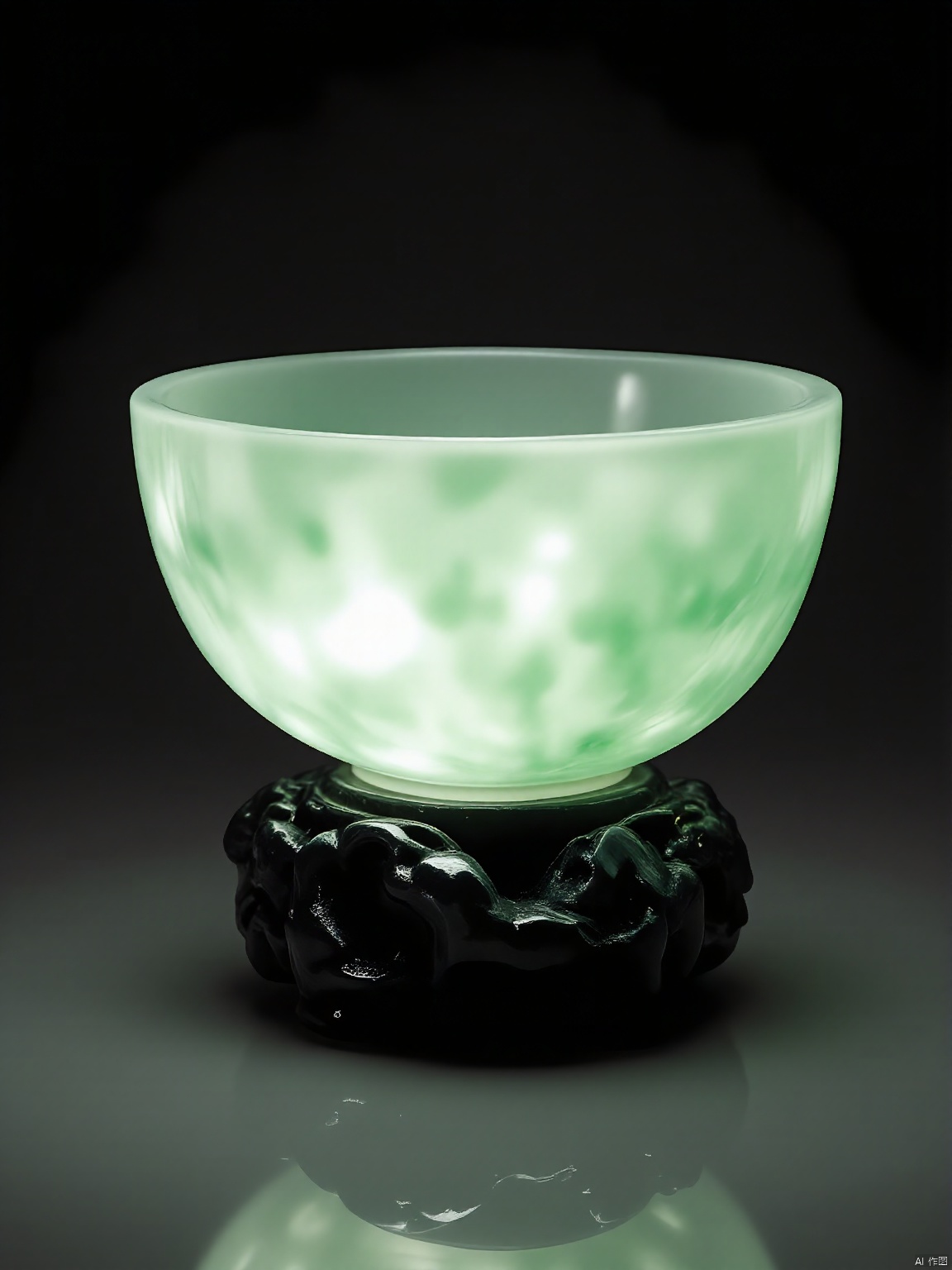 YSCZ, A jade bowl, glowing with an inner and mystical light, sits prominently on a black pedestal

