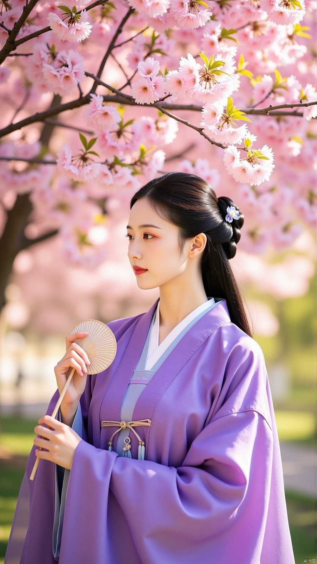 A delicate, porcelain-skinned beauty wears a stunning purple hanfu dress as she stands beneath the blooming cherry blossom tree. The soft pink petals create a romantic backdrop for her gentle pose, with one hand holding a long stem of blossoms and the other cradling a delicate fan. Warm sunlight filters through the leaves, casting dappled shadows on her serene face.