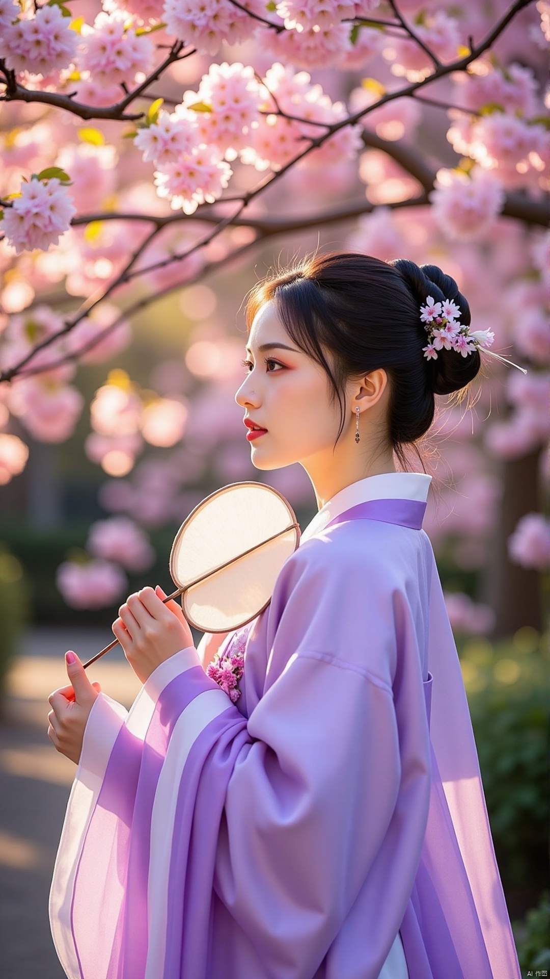 A delicate, porcelain-skinned beauty wears a stunning purple hanfu dress as she stands beneath the blooming cherry blossom tree. The soft pink petals create a romantic backdrop for her gentle pose, with one hand holding a long stem of blossoms and the other cradling a delicate fan. Warm sunlight filters through the leaves, casting dappled shadows on her serene face.