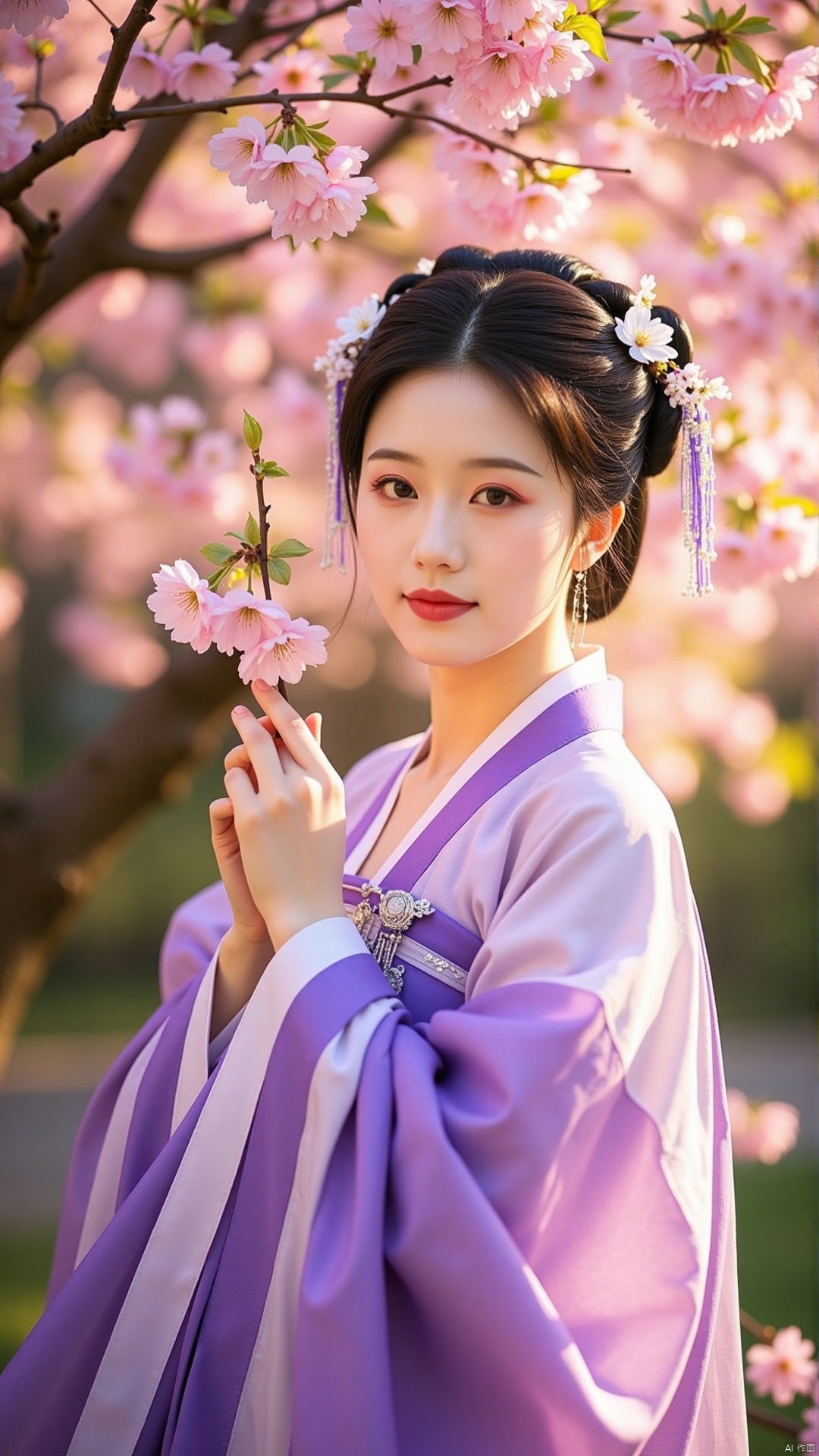 A delicate, porcelain-skinned beauty wears a stunning purple hanfu dress as she stands beneath the blooming cherry blossom tree. The soft pink petals create a romantic backdrop for her gentle pose, with one hand holding a long stem of blossoms and the other cradling a delicate fan. Warm sunlight filters through the leaves, casting dappled shadows on her serene face.