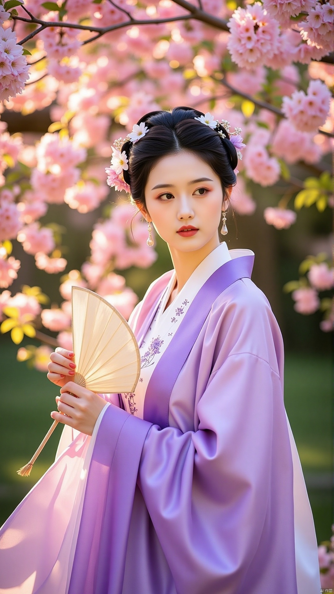 A delicate, porcelain-skinned beauty wears a stunning purple hanfu dress as she stands beneath the blooming cherry blossom tree. The soft pink petals create a romantic backdrop for her gentle pose, with one hand holding a long stem of blossoms and the other cradling a delicate fan. Warm sunlight filters through the leaves, casting dappled shadows on her serene face.