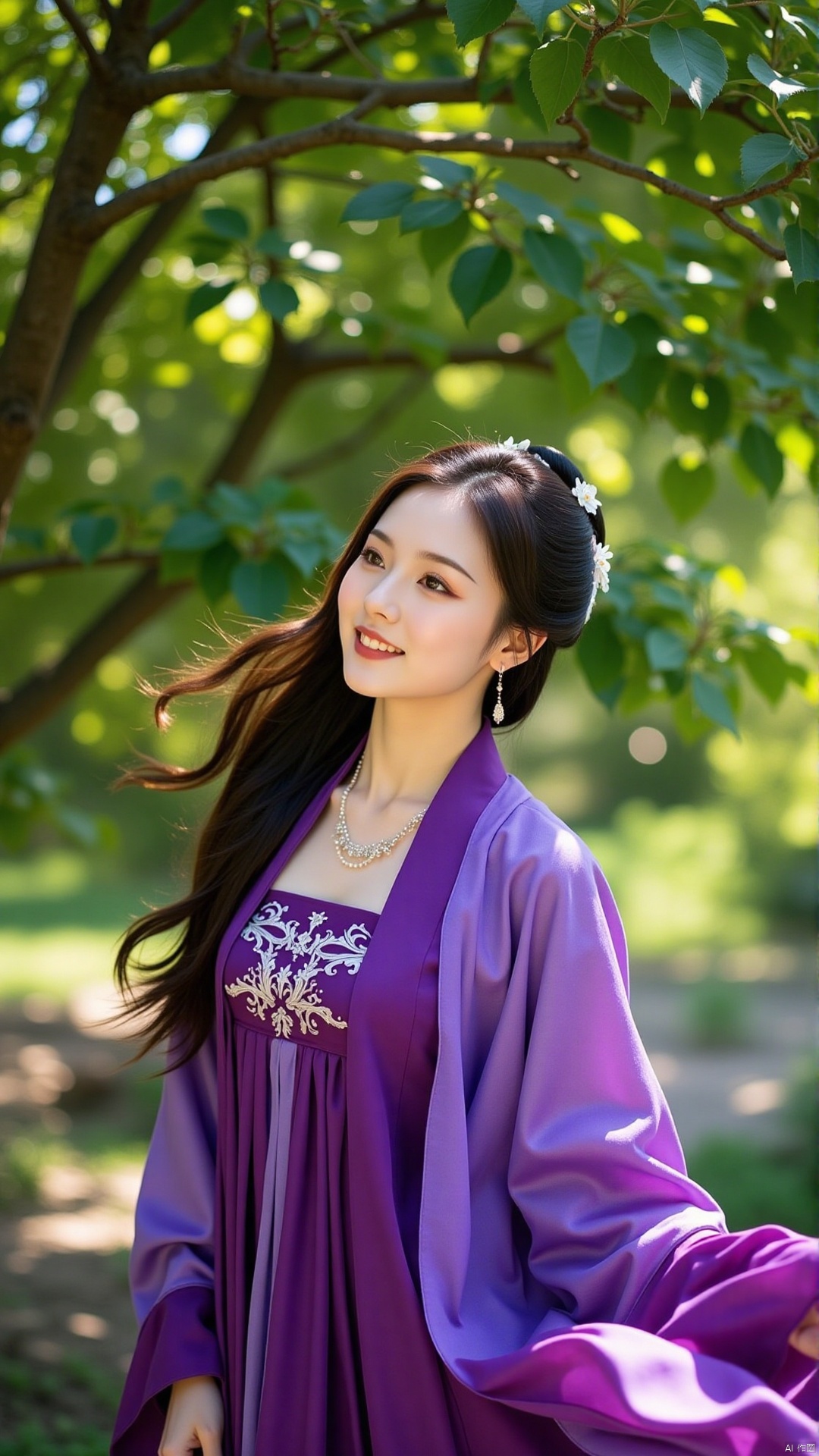 A stunning beauty stands beneath a lush tree canopy, her long hair blowing gently in the breeze as she dons a vibrant purple dress that complements the surrounding foliage. Soft sunlight filters through the leaves, casting dappled shadows on her porcelain skin.