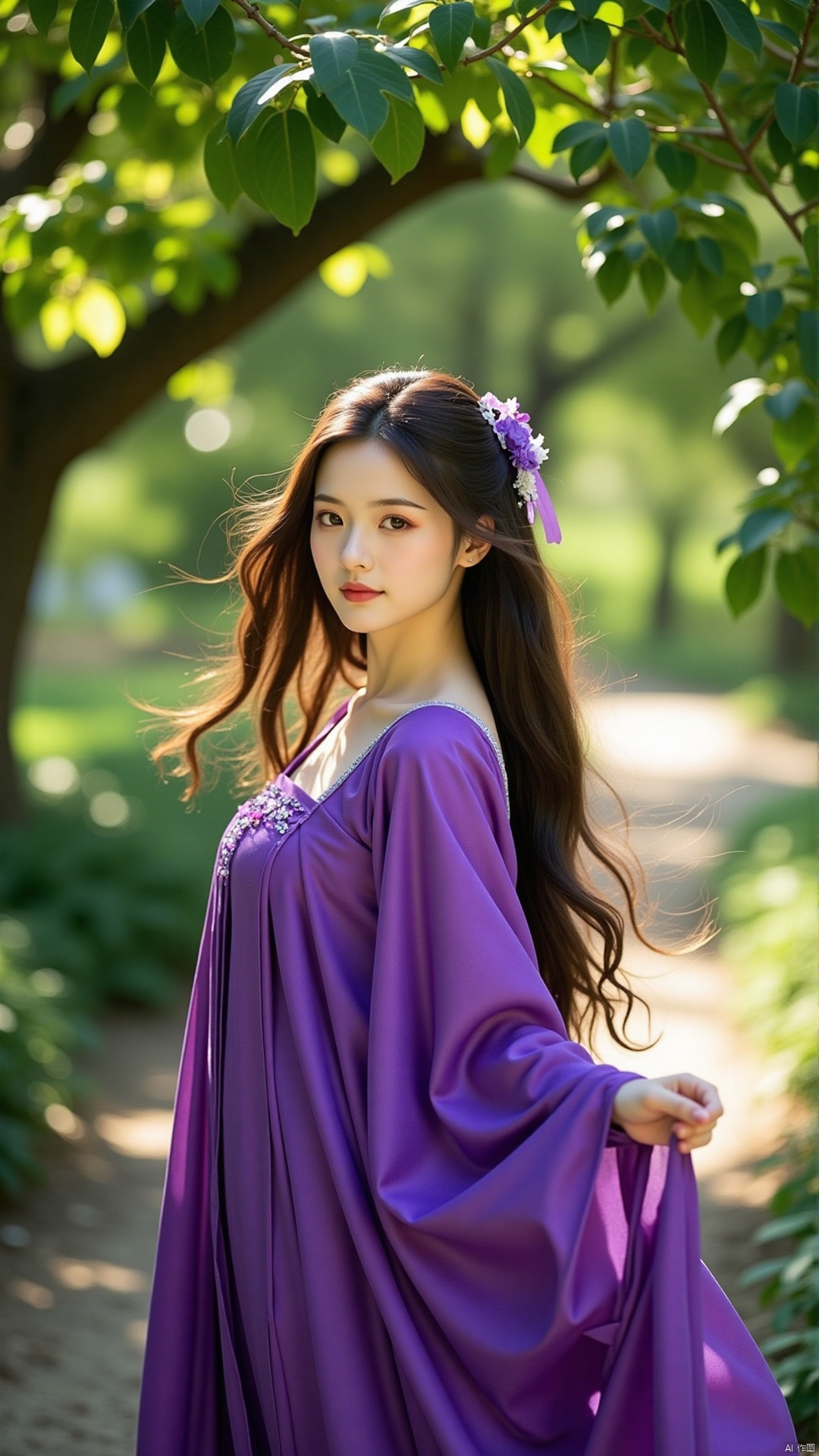 A stunning beauty stands beneath a lush tree canopy, her long hair blowing gently in the breeze as she dons a vibrant purple dress that complements the surrounding foliage. Soft sunlight filters through the leaves, casting dappled shadows on her porcelain skin.