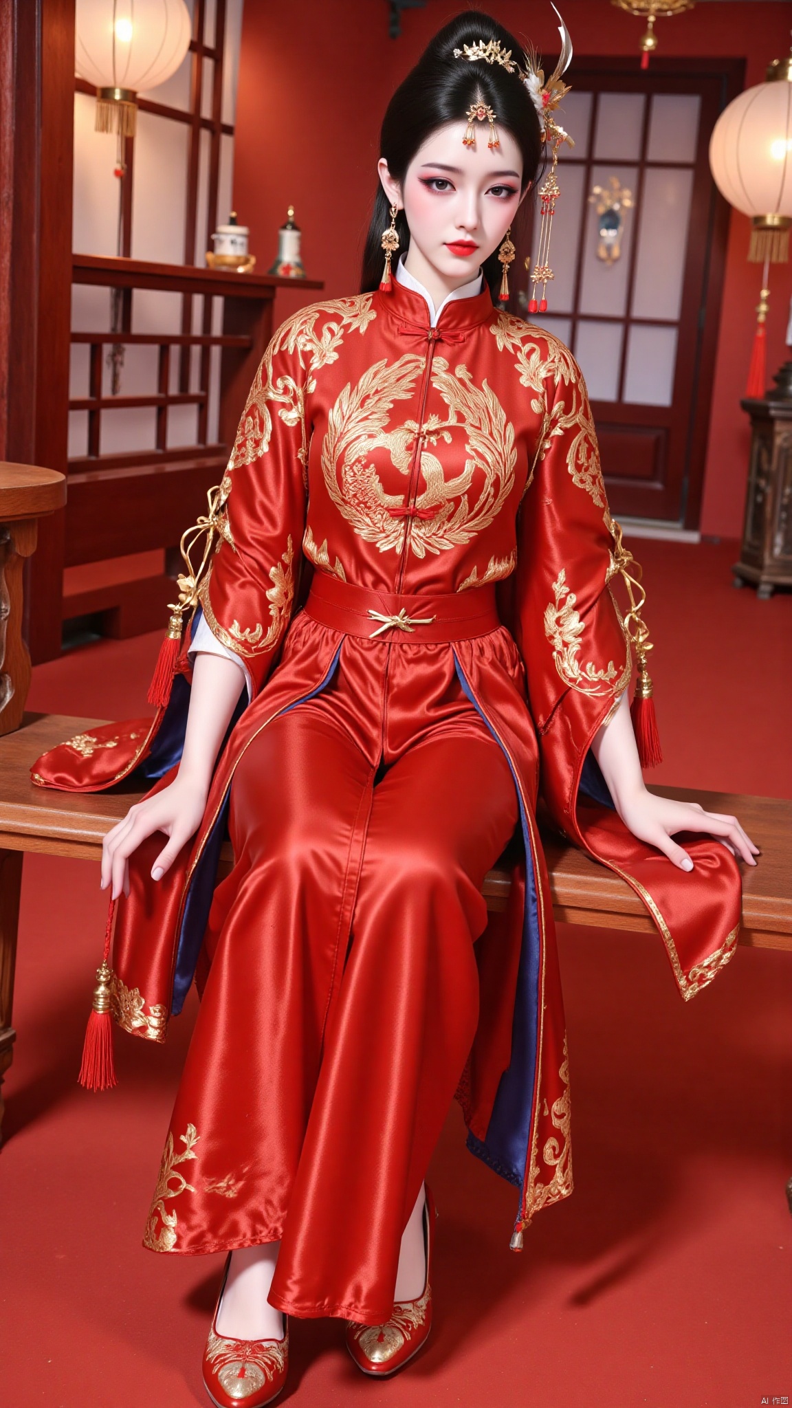 YMJHsqc,1girl,solo,sitting,black hair,updo,hair ornament,hair flower,earrings,red dress,the red dress is adorned with the golden phoenix embroidery,silk texture,long sleeves,wide sleeves,tassel,jewelry,red footwear,indoors,QipaoQ,yunluo,lanterns, Chinese red, Chinese New Year,W拜年M