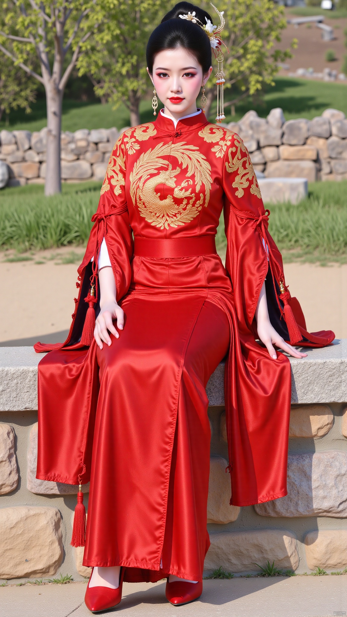YMJHsqc,1girl,solo,sitting,black hair,updo,hair ornament,hair flower,earrings,red dress,the red dress is adorned with the golden phoenix embroidery,silk texture,long sleeves,wide sleeves,tassel,jewelry,red footwear,outdoors,LXQ陆雪琪,QipaoQ