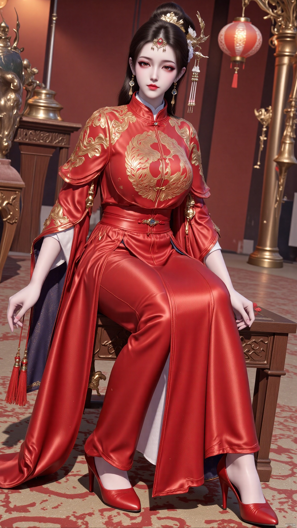 YMJHsqc,1girl,solo,sitting,black hair,updo,hair ornament,hair flower,earrings,red dress,the red dress is adorned with the golden phoenix embroidery,silk texture,long sleeves,wide sleeves,tassel,jewelry,red footwear,indoors,QipaoQ,yunluo,lanterns, Chinese red, Chinese New Year,红兔女郎,Bibidong