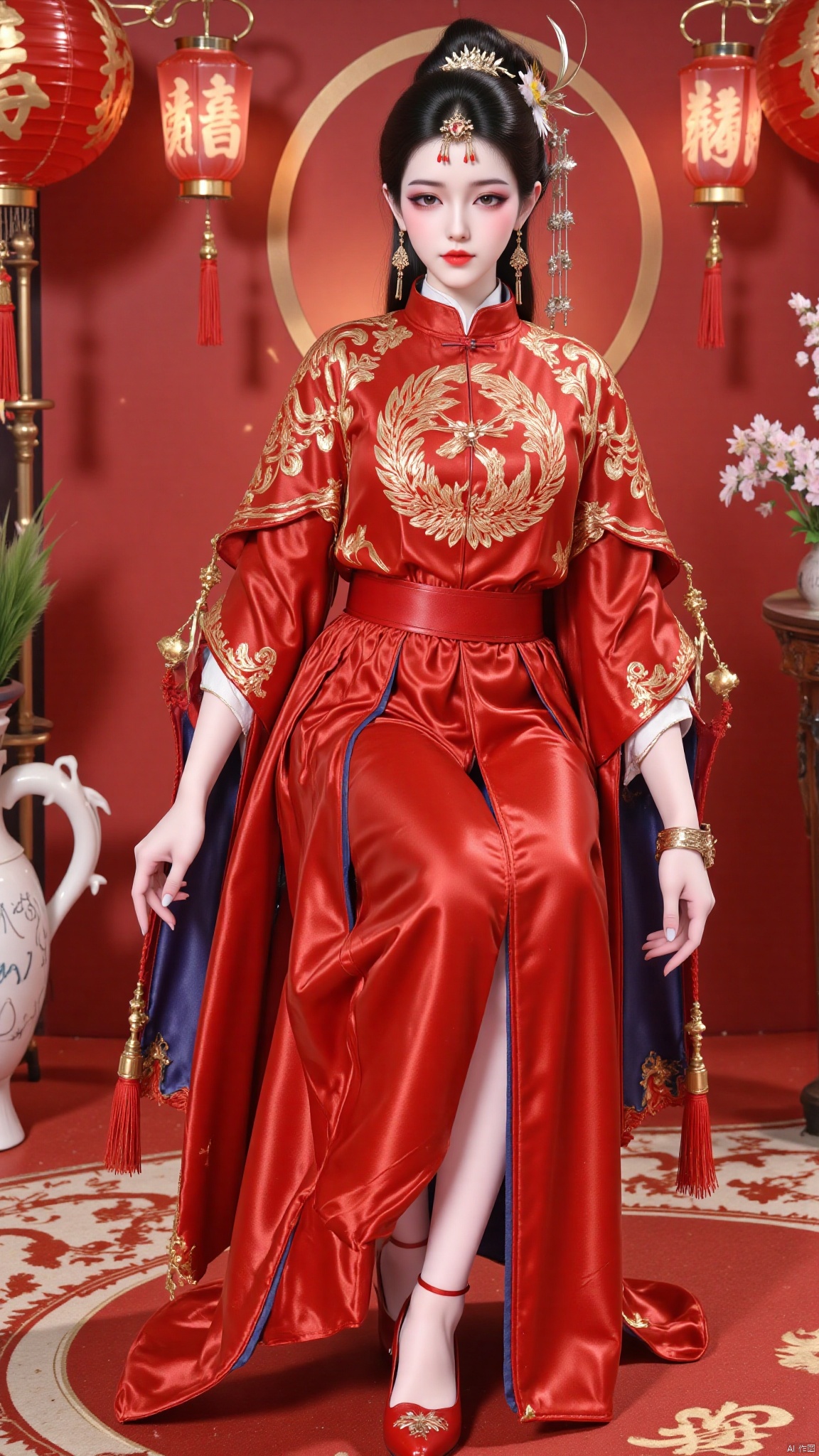 YMJHsqc,1girl,solo,sitting,black hair,updo,hair ornament,hair flower,earrings,red dress,the red dress is adorned with the golden phoenix embroidery,silk texture,long sleeves,wide sleeves,tassel,jewelry,red footwear,indoors,QipaoQ,yunluo,lanterns, Chinese red, Chinese New Year,红兔女郎,Bibidong,W拜年M