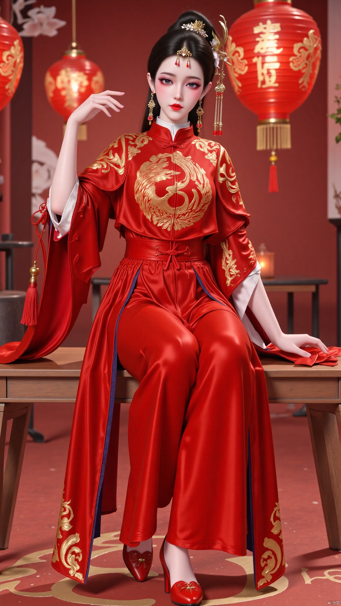 YMJHsqc,1girl,solo,sitting,black hair,updo,hair ornament,hair flower,earrings,red dress,the red dress is adorned with the golden phoenix embroidery,silk texture,long sleeves,wide sleeves,tassel,jewelry,red footwear,indoors,QipaoQ,yunluo,lanterns, Chinese red, Chinese New Year,红兔女郎