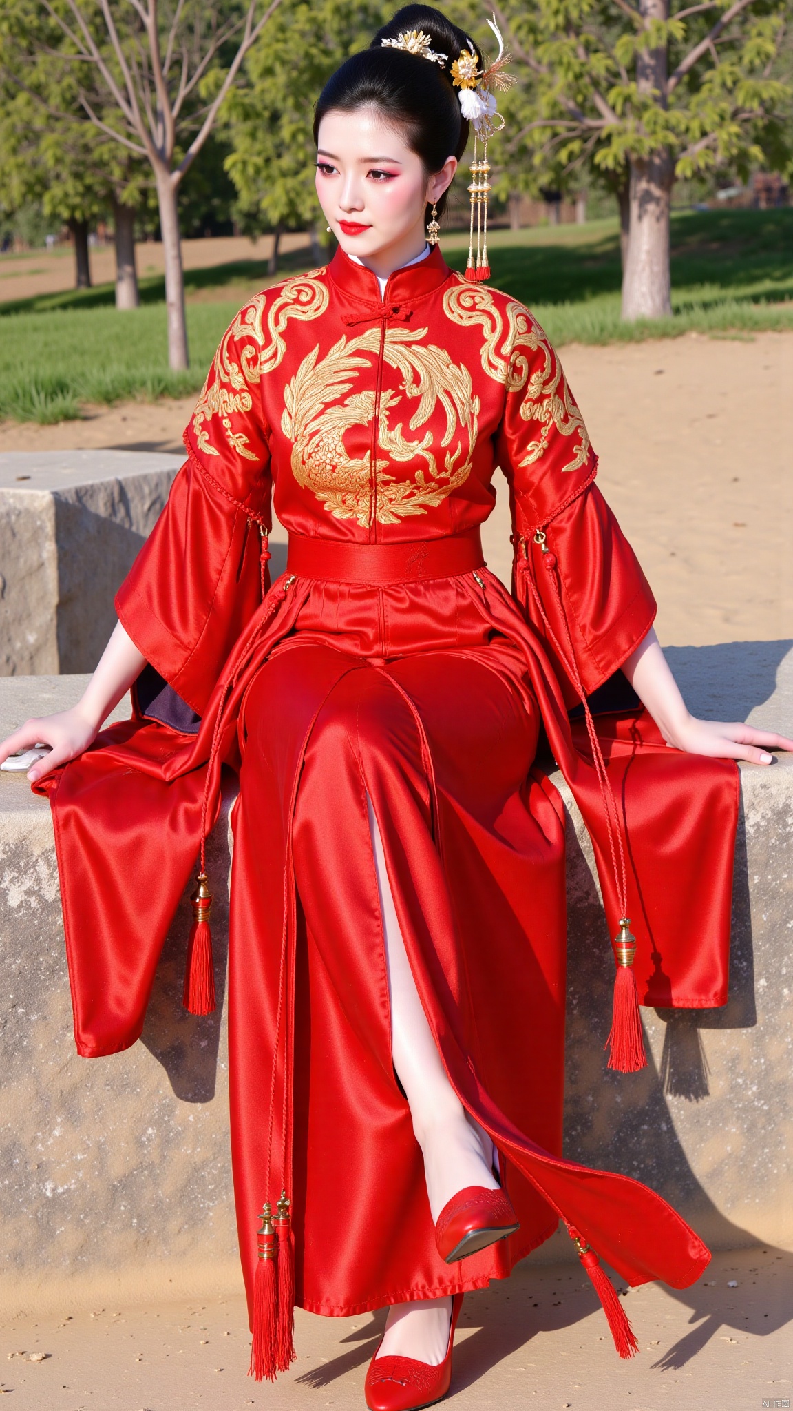 YMJHsqc,1girl,solo,sitting,black hair,updo,hair ornament,hair flower,earrings,red dress,the red dress is adorned with the golden phoenix embroidery,silk texture,long sleeves,wide sleeves,tassel,jewelry,red footwear,outdoors,LXQ陆雪琪,QipaoQ