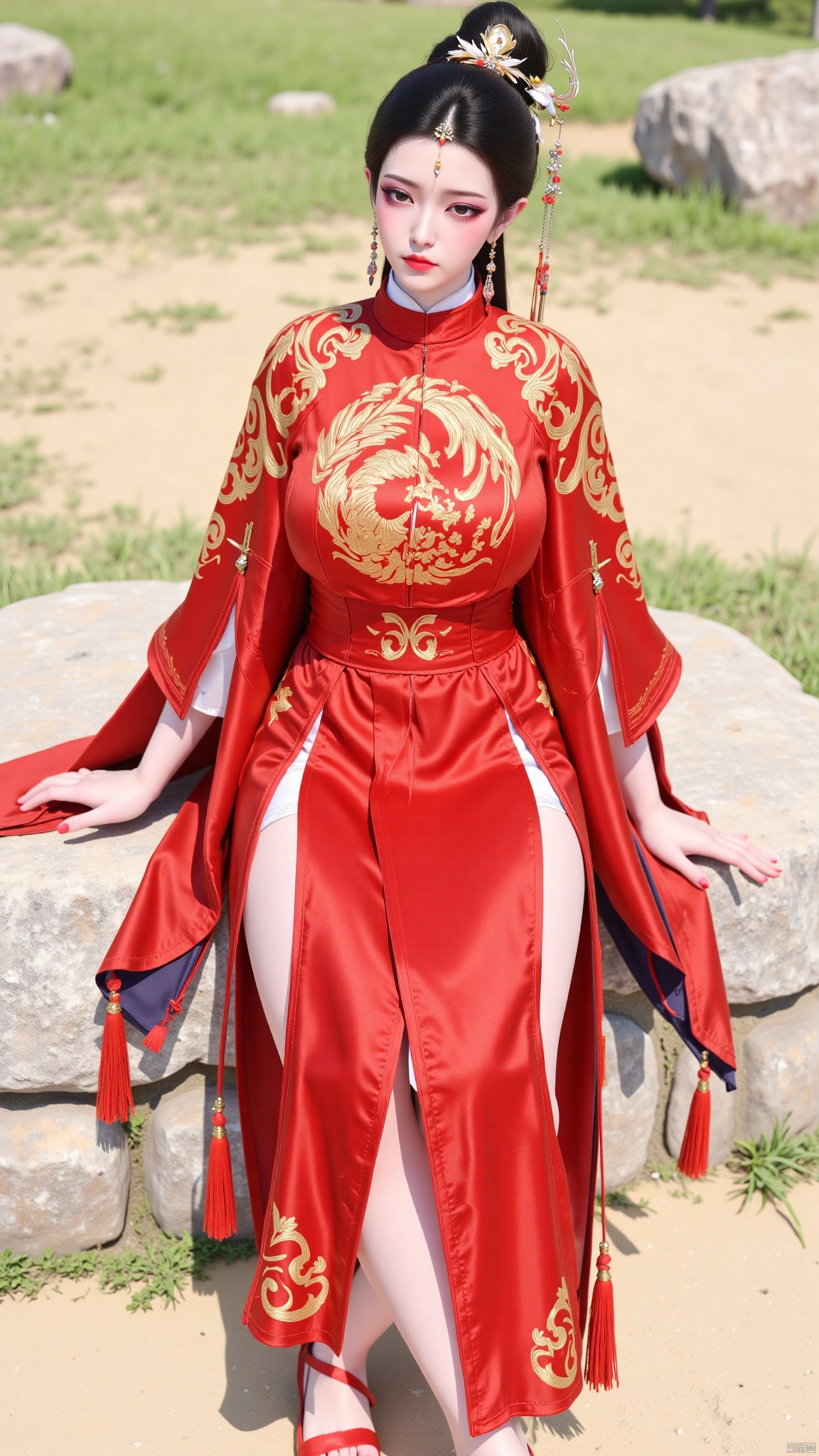 YMJHsqc,1girl,solo,sitting,black hair,updo,hair ornament,hair flower,earrings,red dress,the red dress is adorned with the golden phoenix embroidery,silk texture,long sleeves,wide sleeves,tassel,jewelry,red footwear,outdoors,LXQ陆雪琪